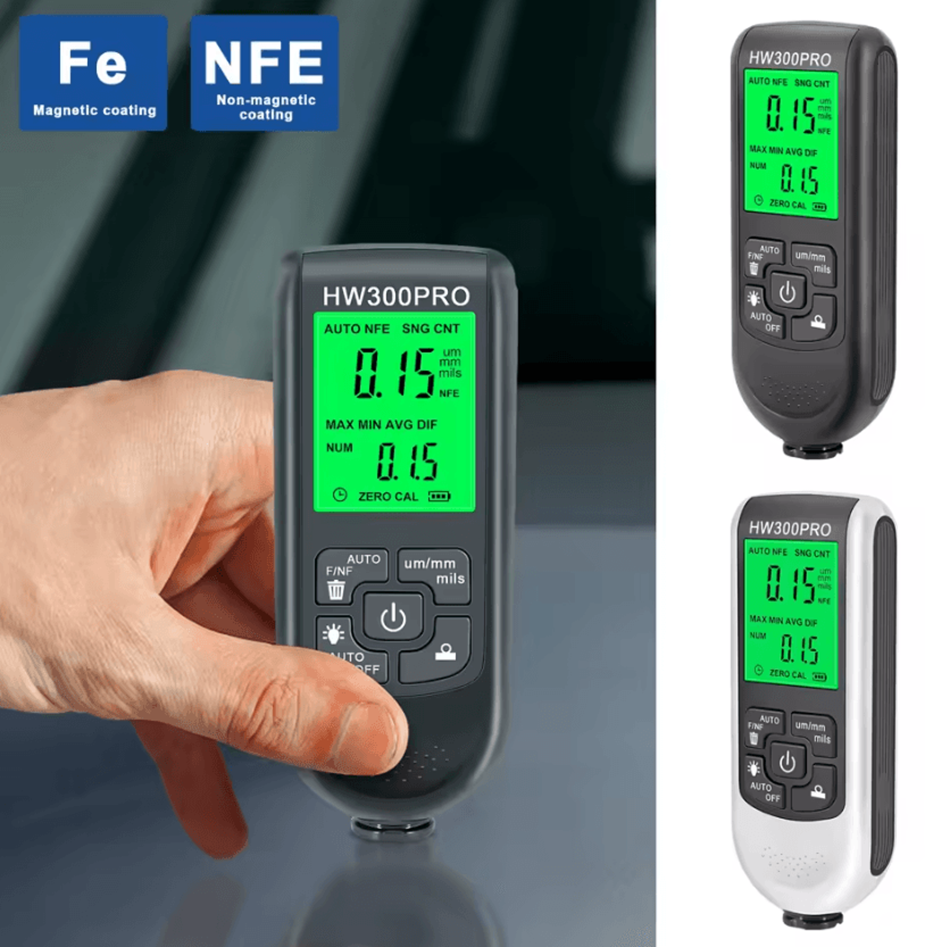 hw-300pro digital car paint thickness gauge with backlit lcd