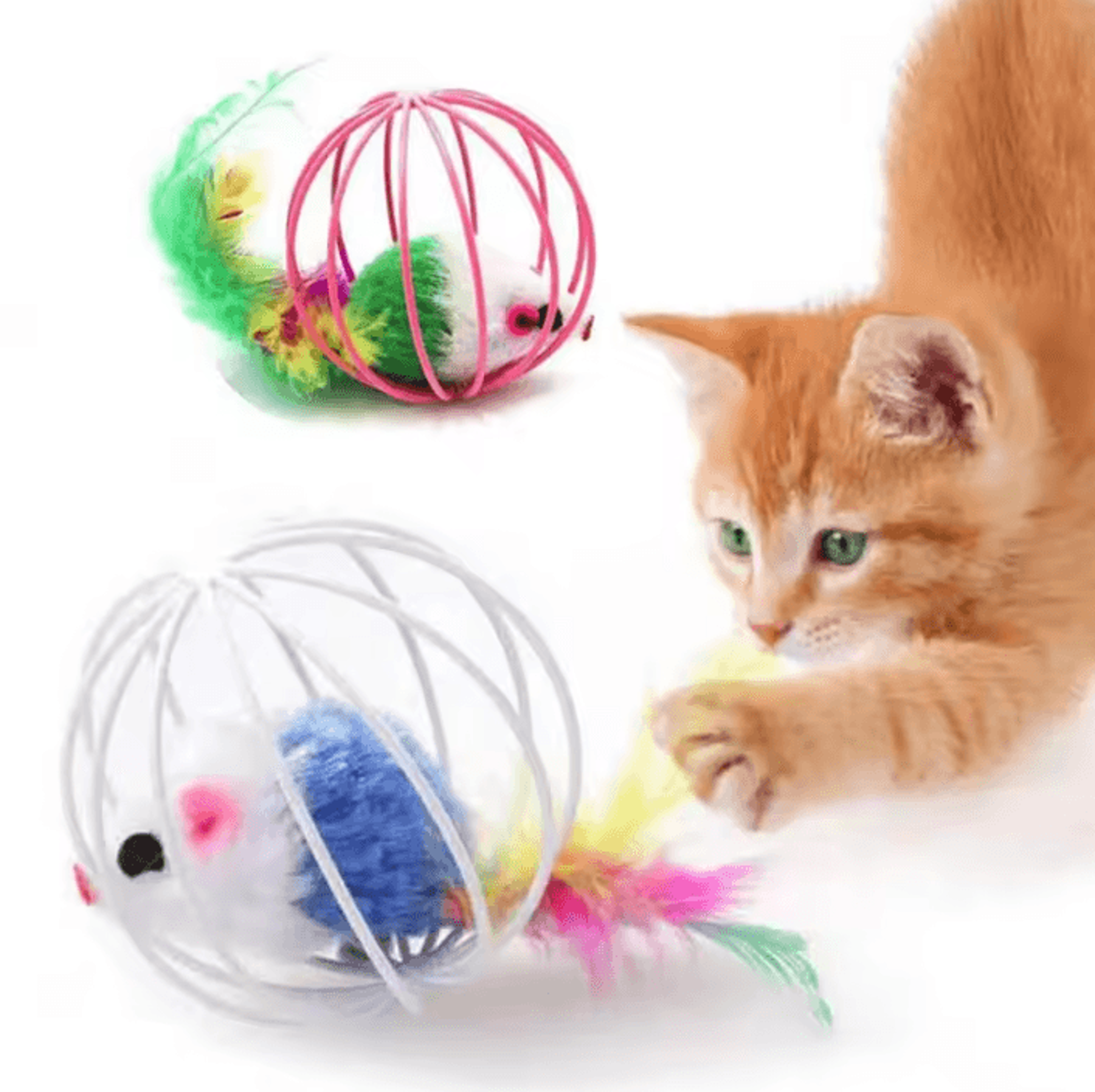 colorful mouse in cage interactive chase cat toy