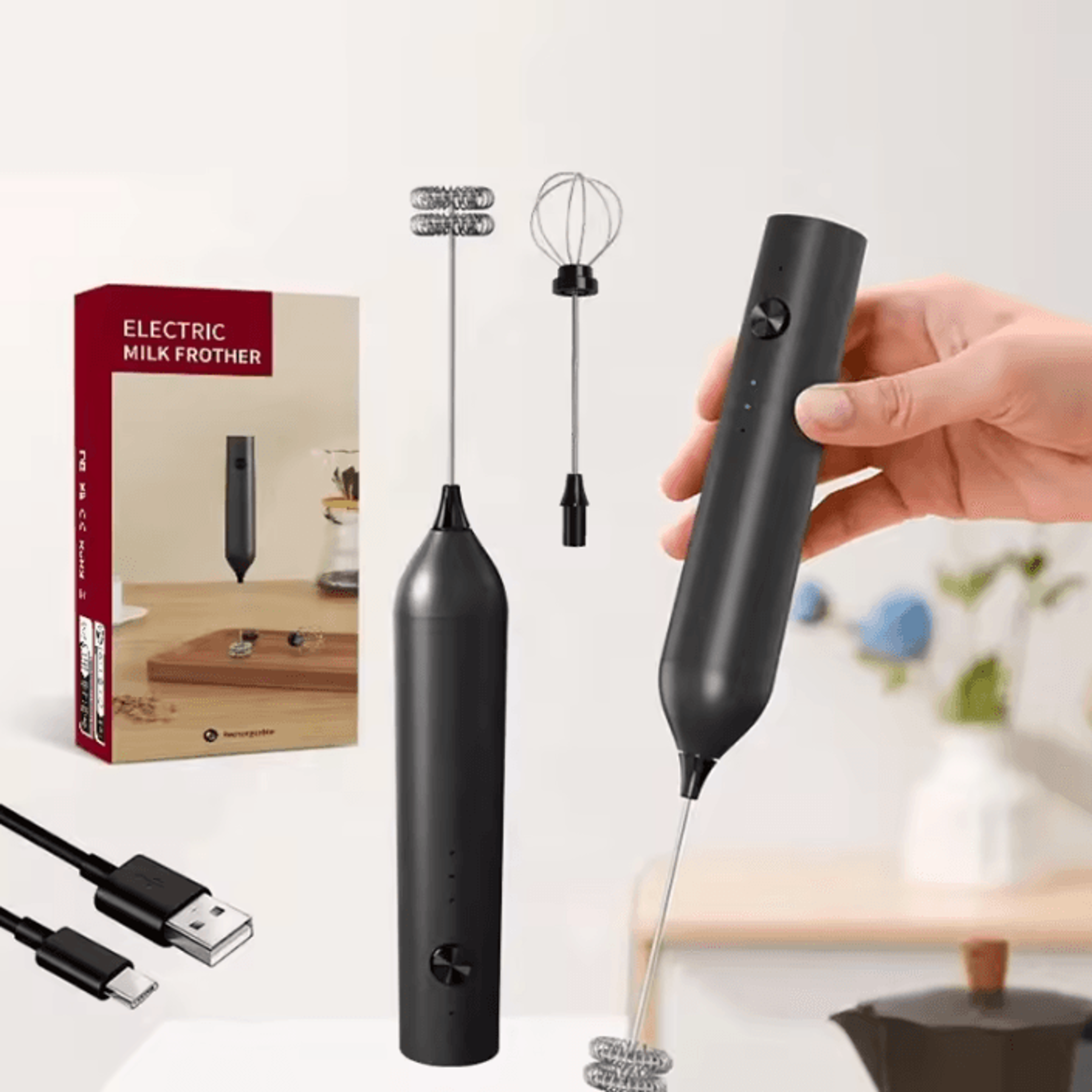 rechargeable handheld milk frother and high-speed drink mixer