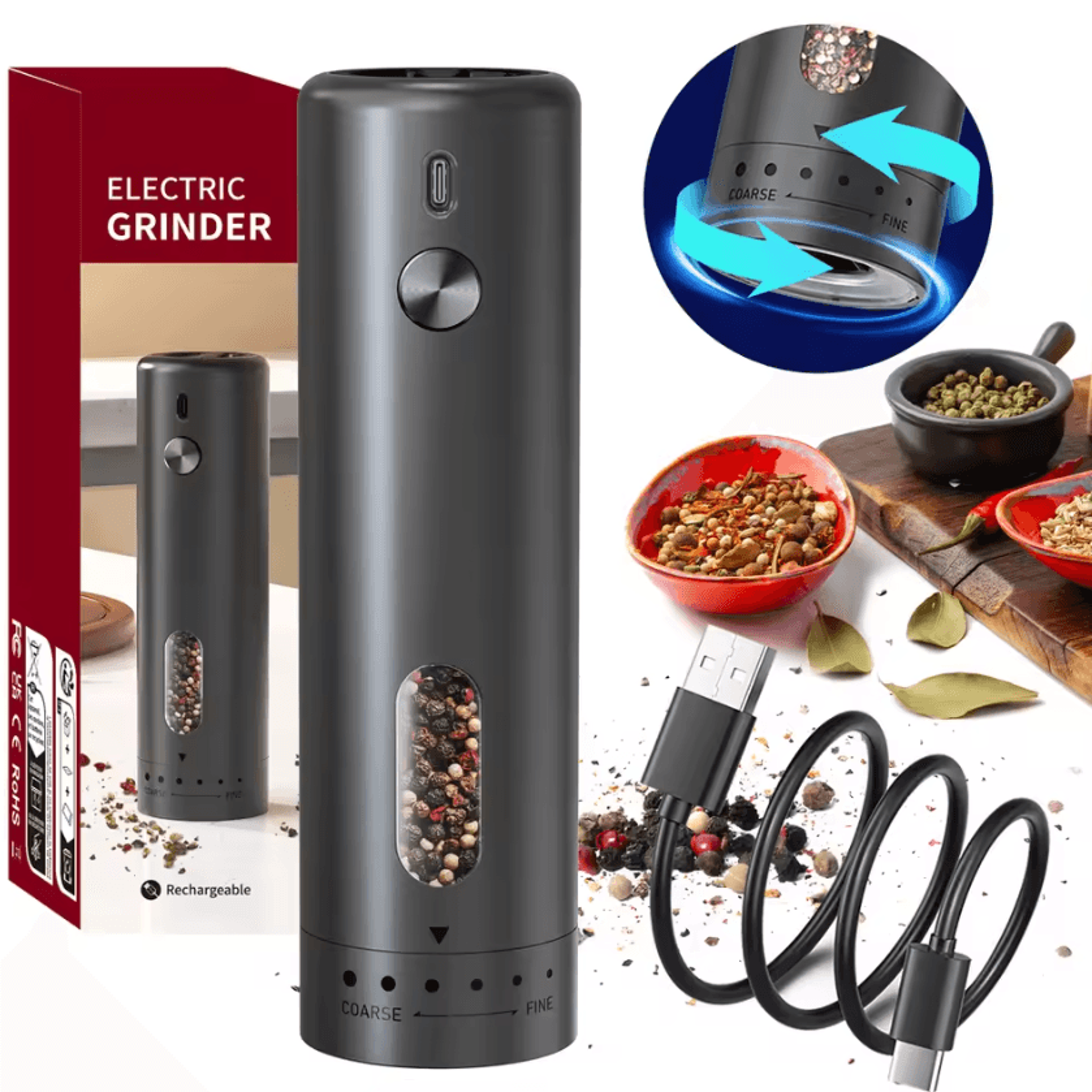 usb rechargeable electric pepper grinder with led light