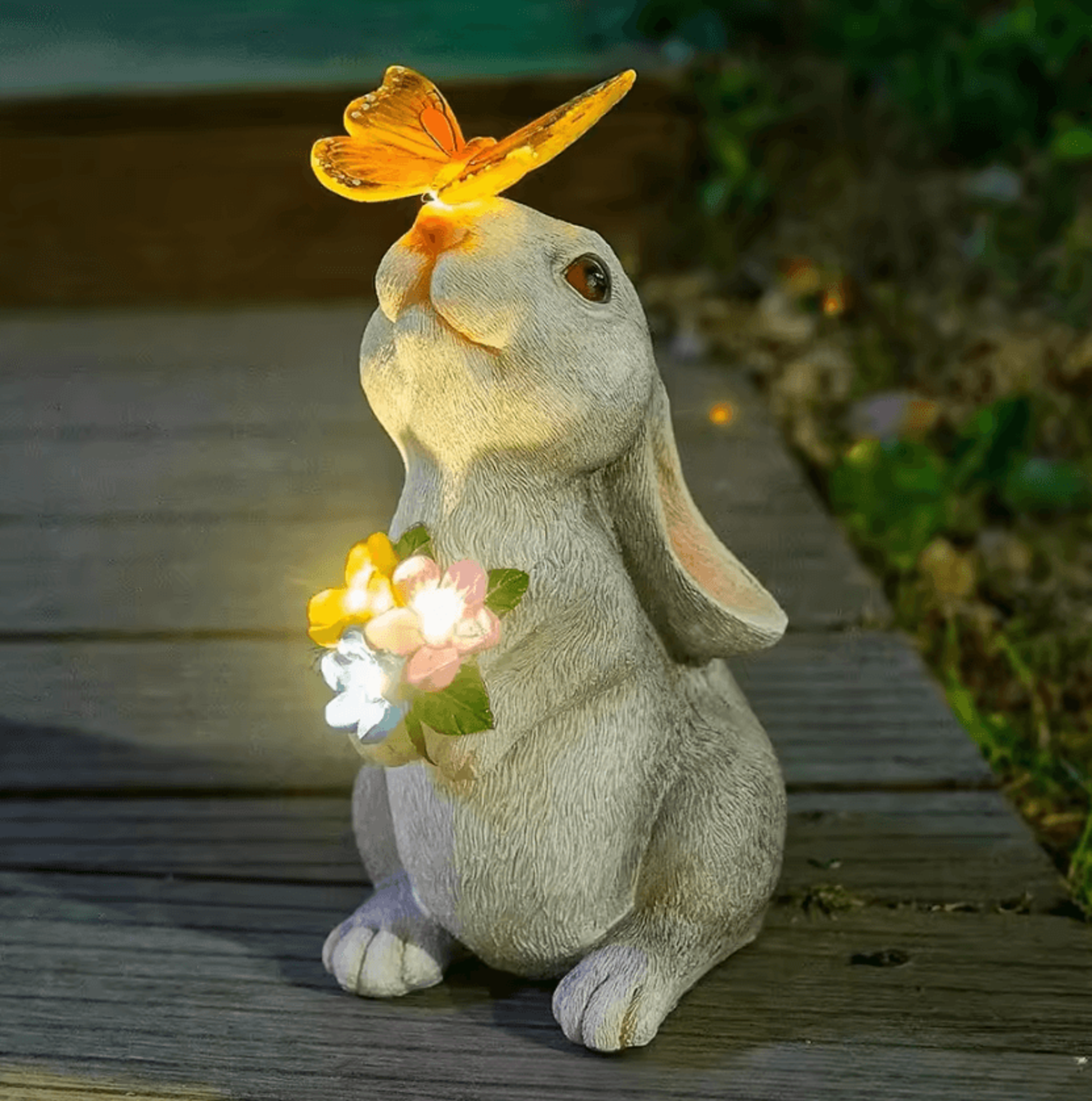 bunnyglow solar rabbit garden statue with butterfly led light