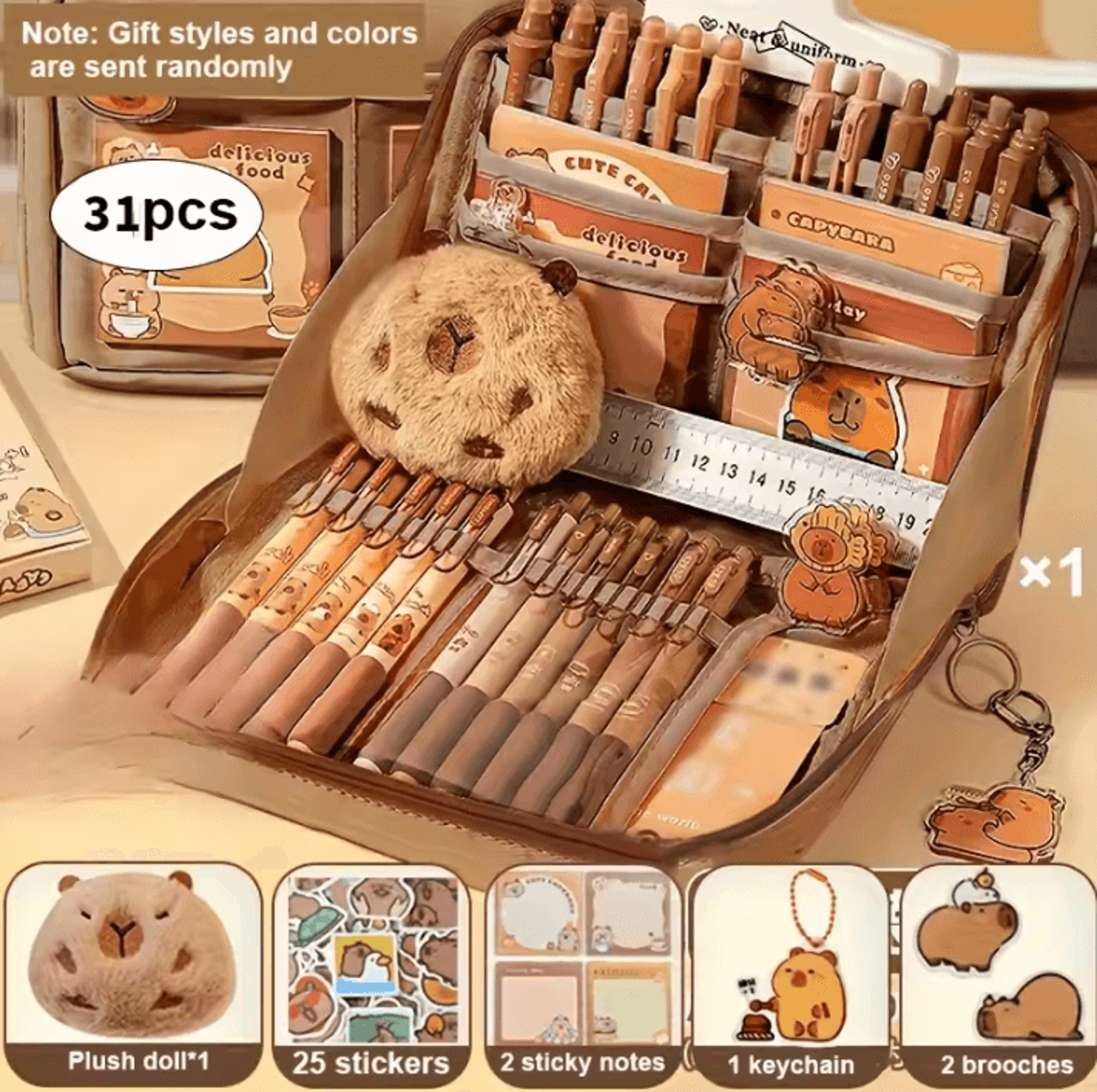 capyjoy 31pcs kawaii capybara stationery set with multi-layer pencil case