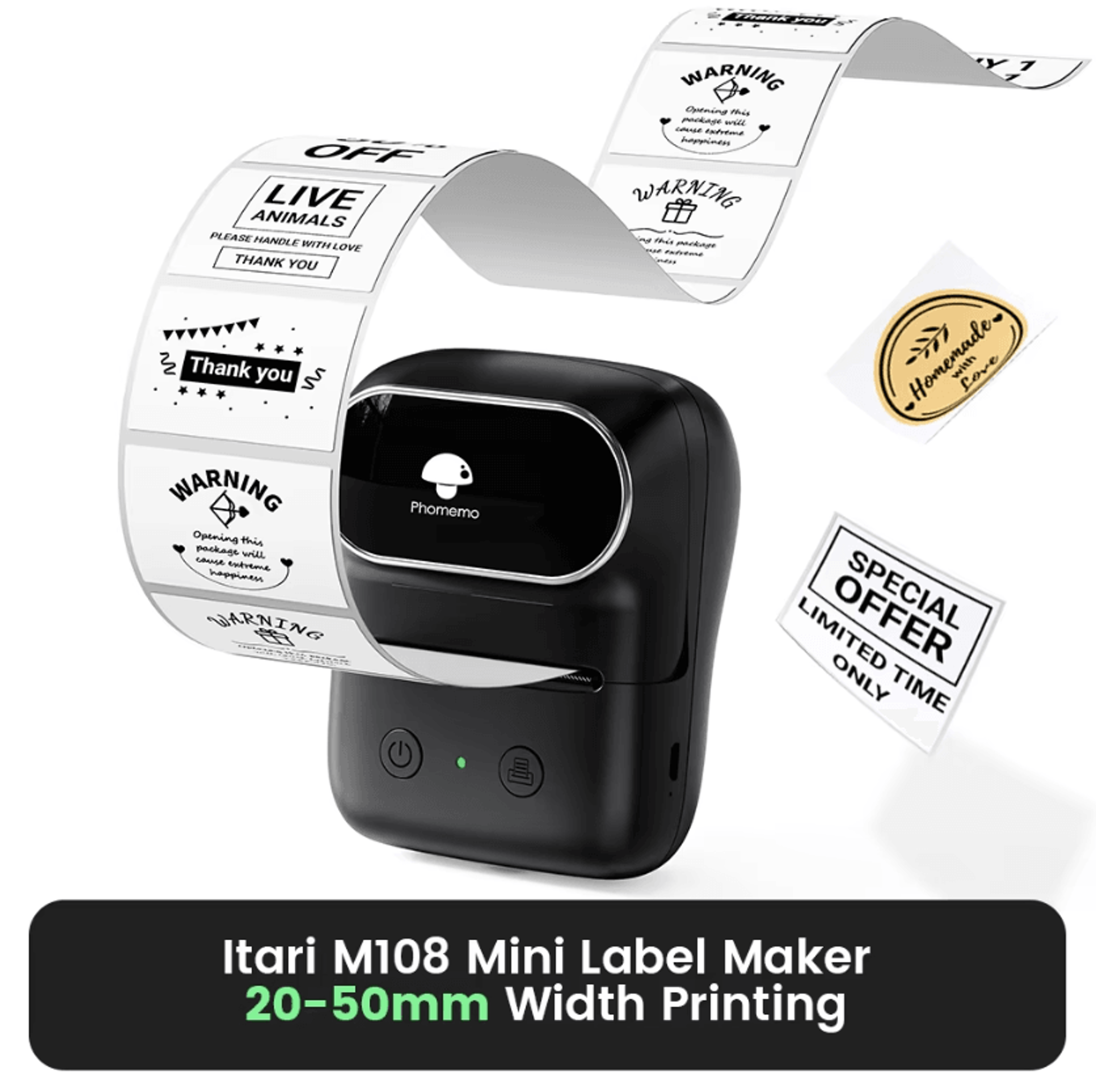 phomemo m108 bluetooth thermal label maker 2-inch barcode printer for small business and home organization