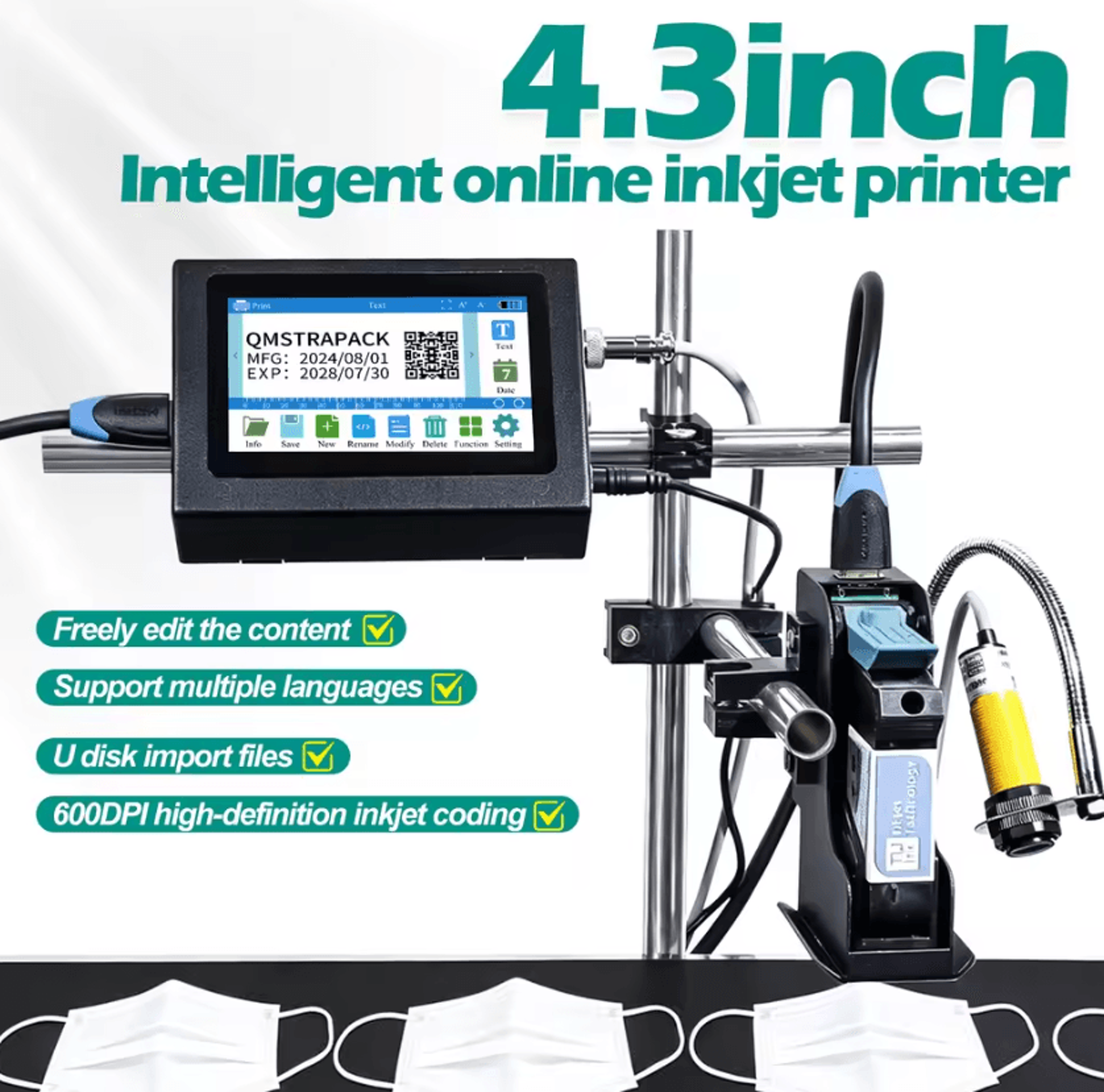 4.3-inch industrial online inkjet printer 12.7mm 25.4mm qr barcode and expiry date coding machine