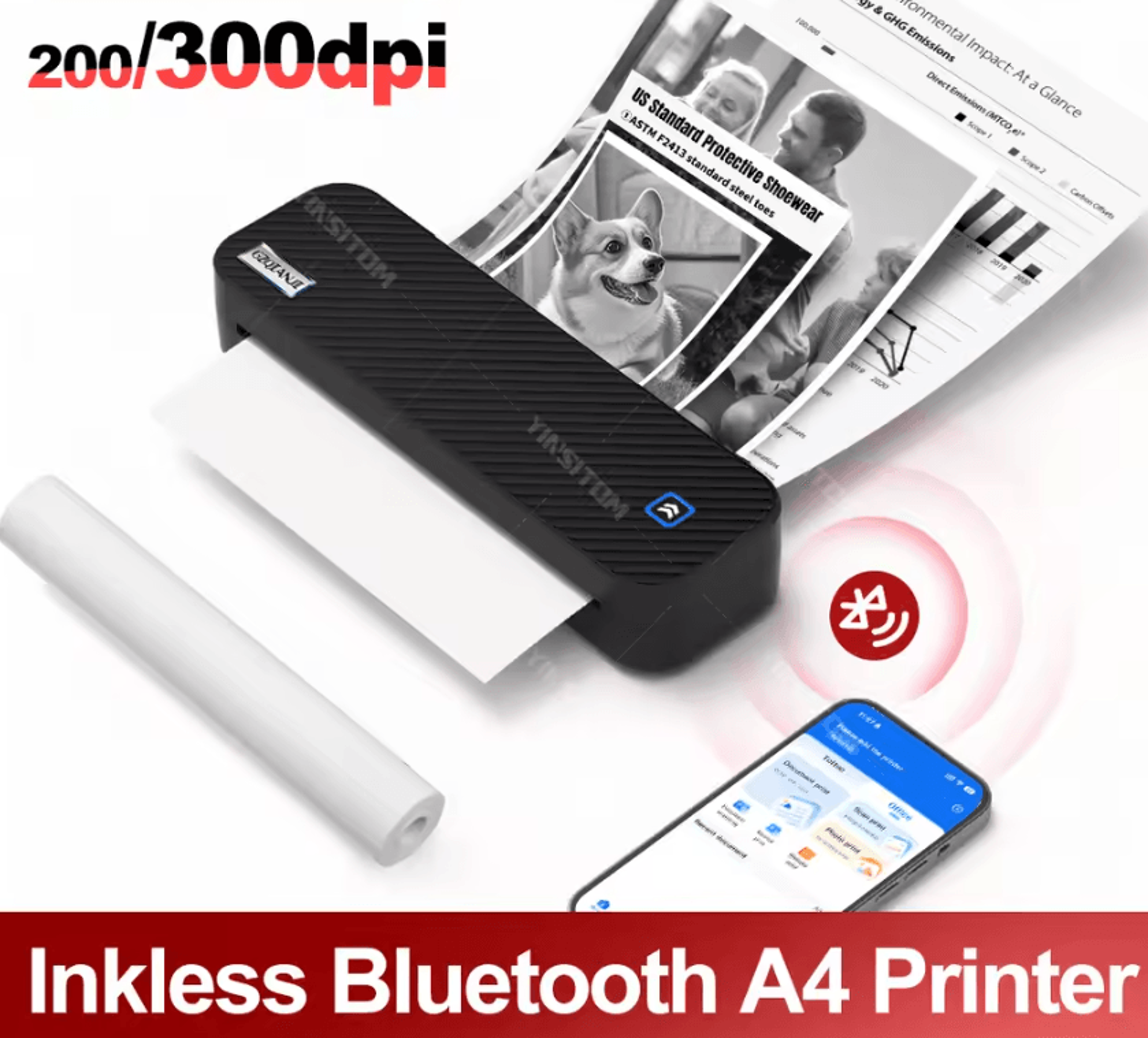 yinsitom 300dpi portable bluetooth thermal printer wireless a4 and us letter travel printer