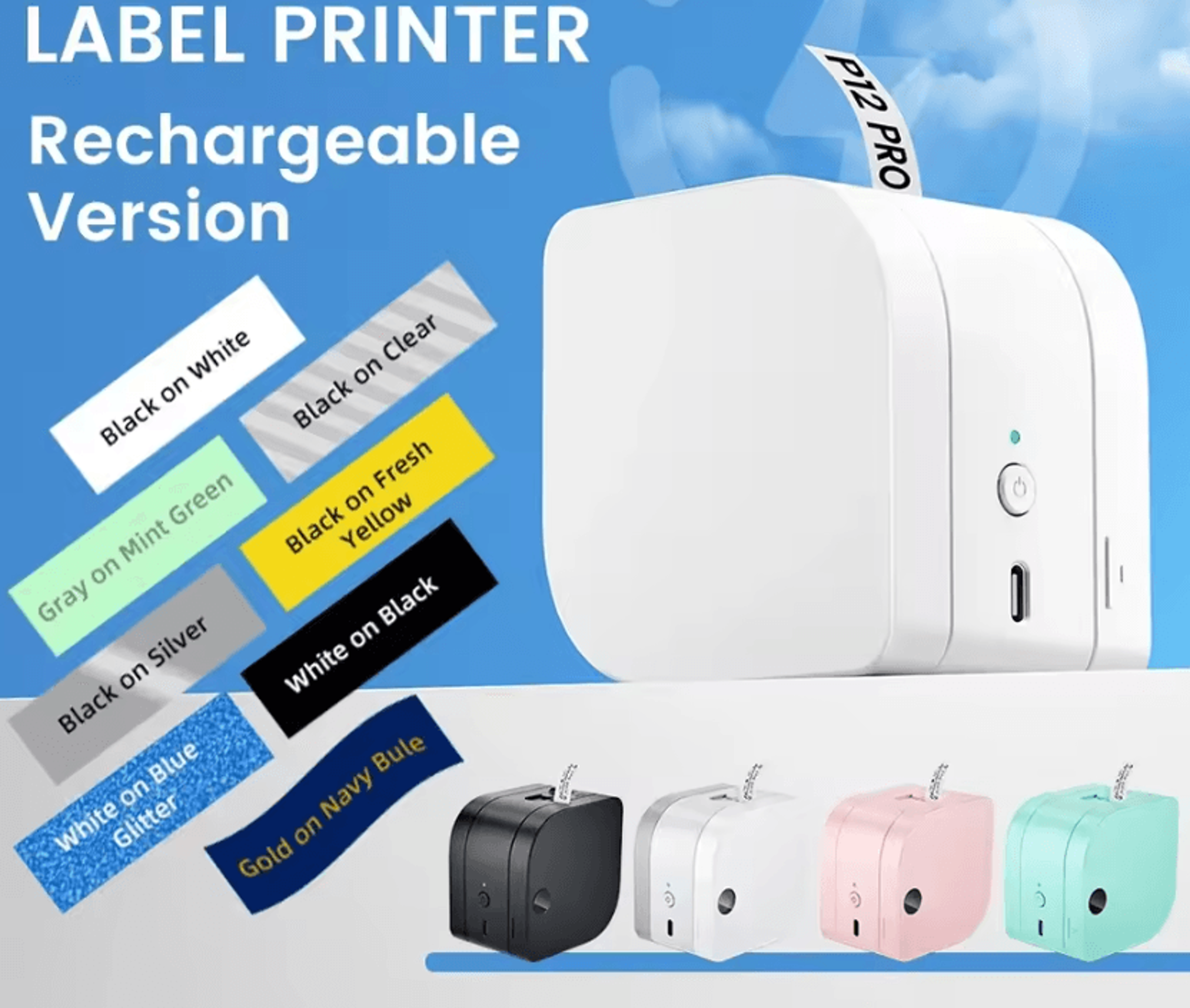 phomemo p12 pro rechargeable bluetooth label printer 12mm portable inkless label maker for home and office
