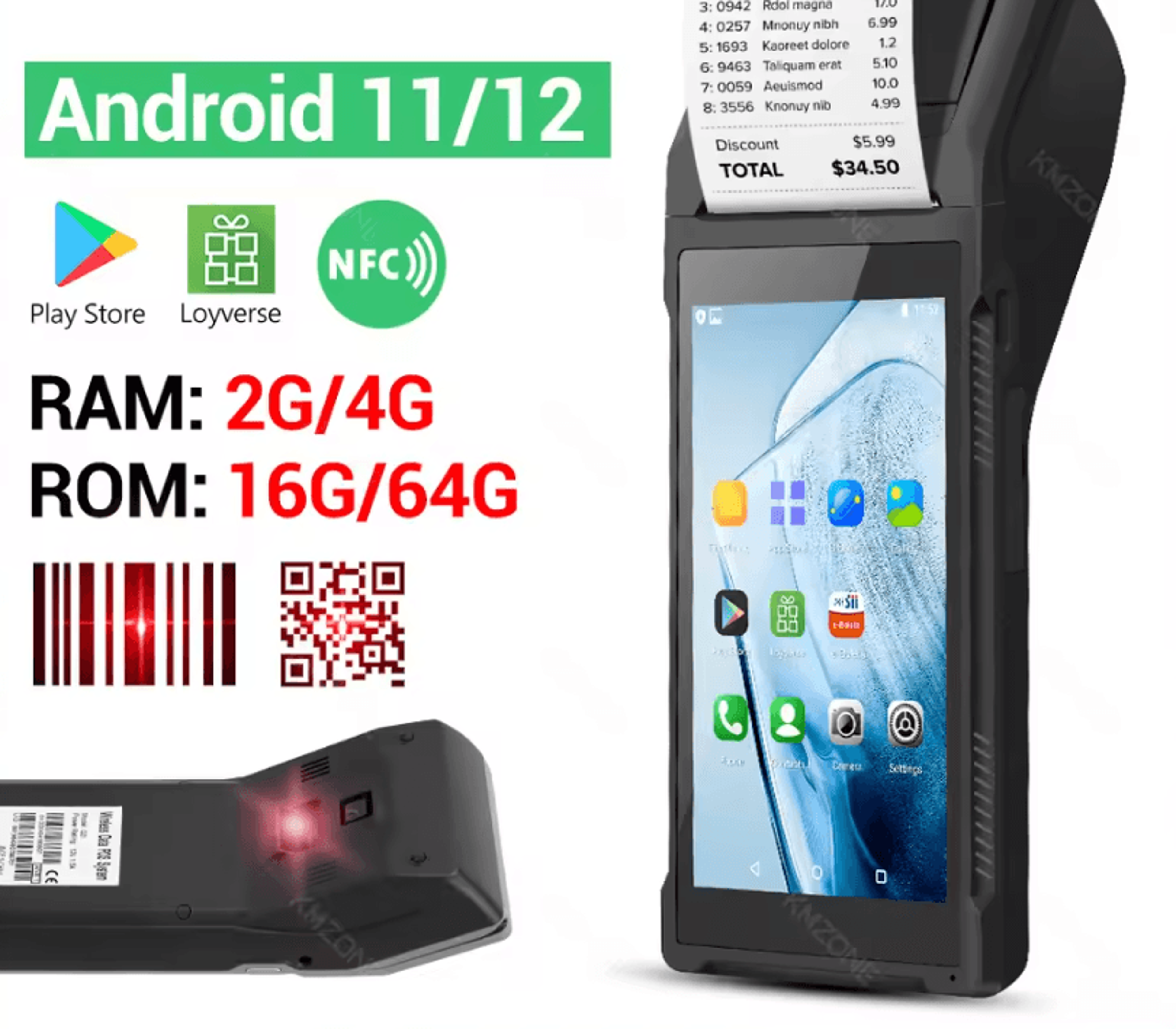 android handheld pos terminal with 2d barcode scanner nfc and 58mm thermal receipt printer