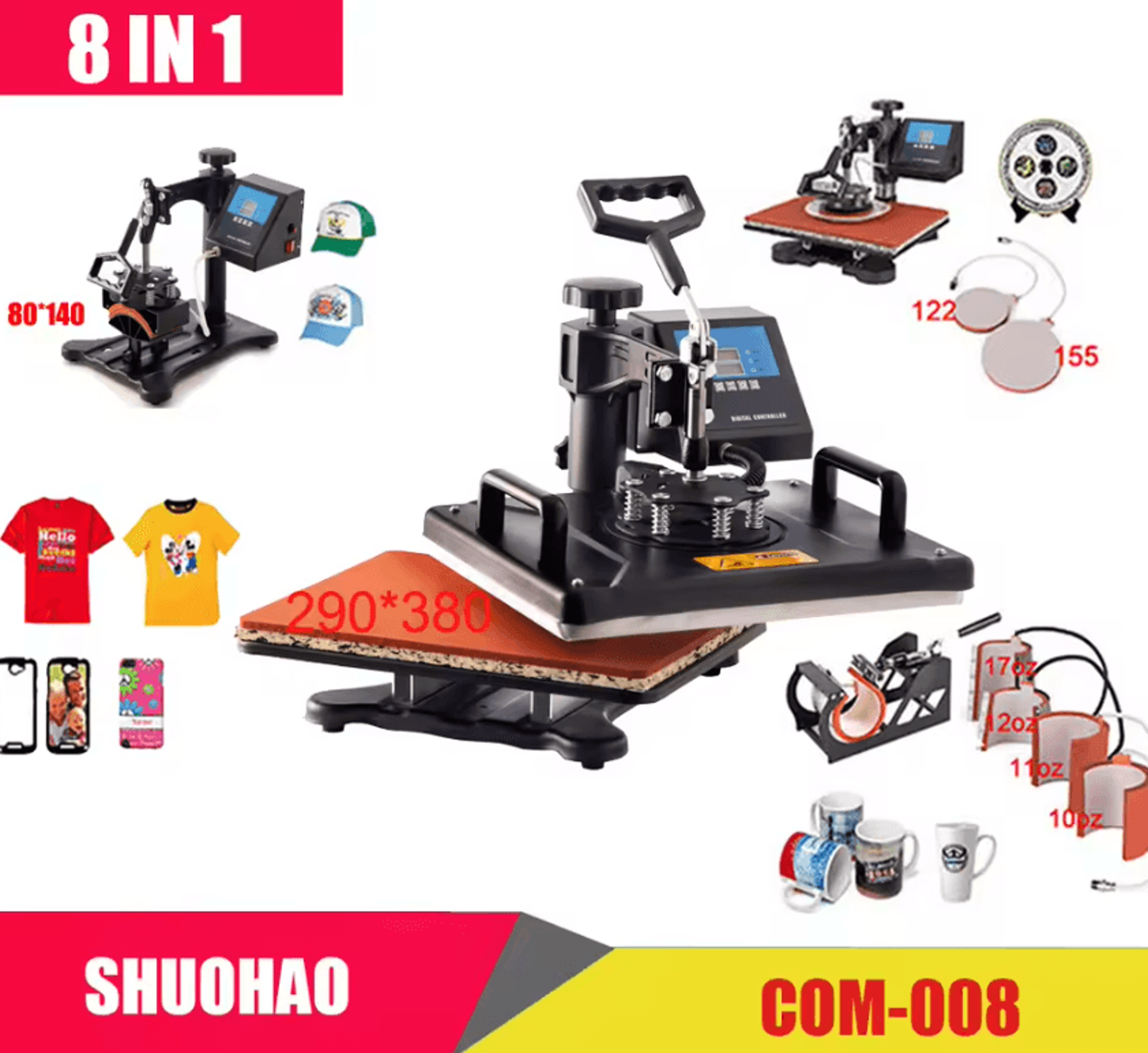 8 in 1 combo heat press machine 30x38cm multifunctional sublimation transfer press for t-shirts mugs caps and plates