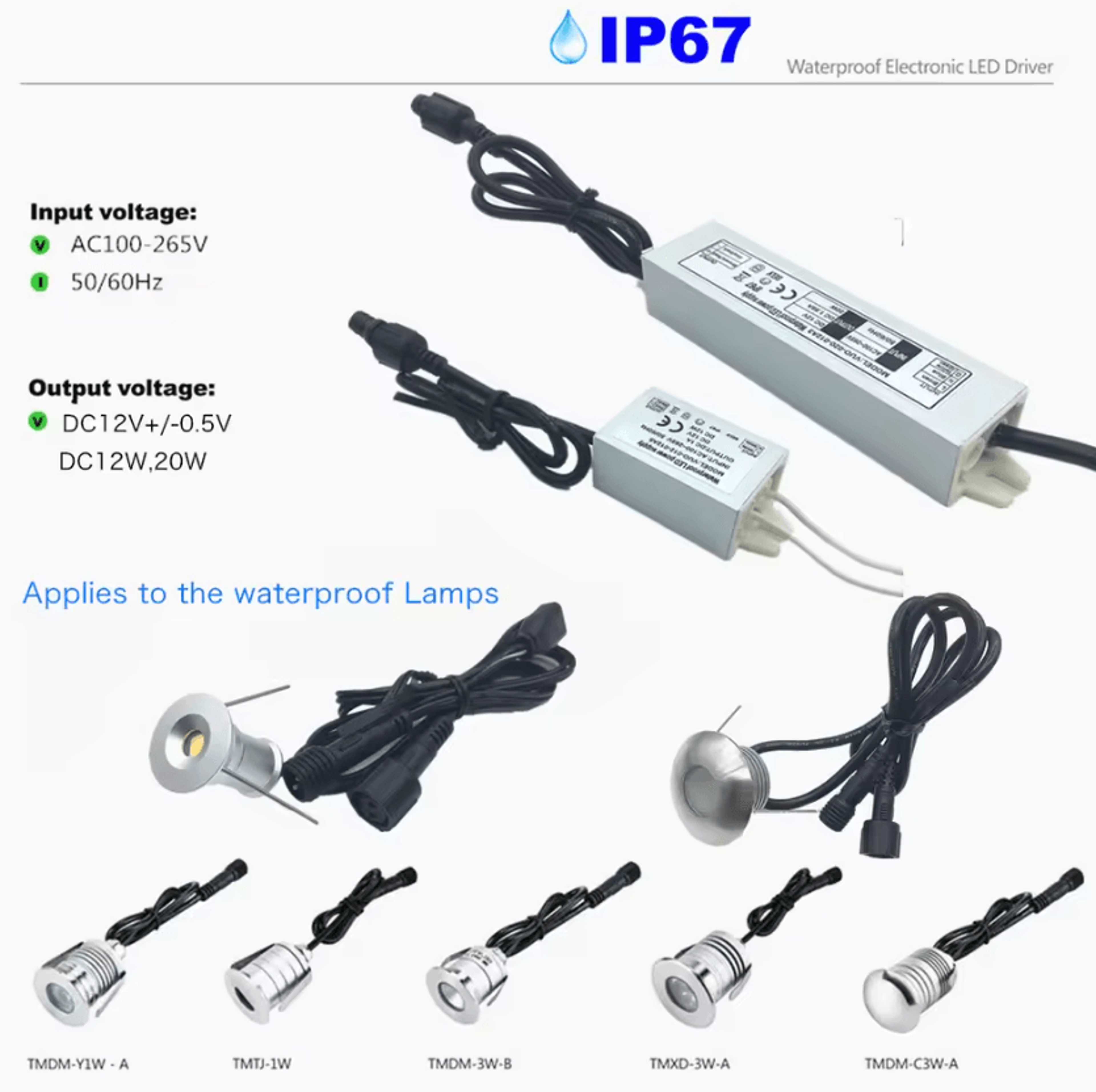 IP67 Waterproof LED Driver 12W 20W AC100265V Power Supply Transformer For Indoor Outdoor Lighting 1