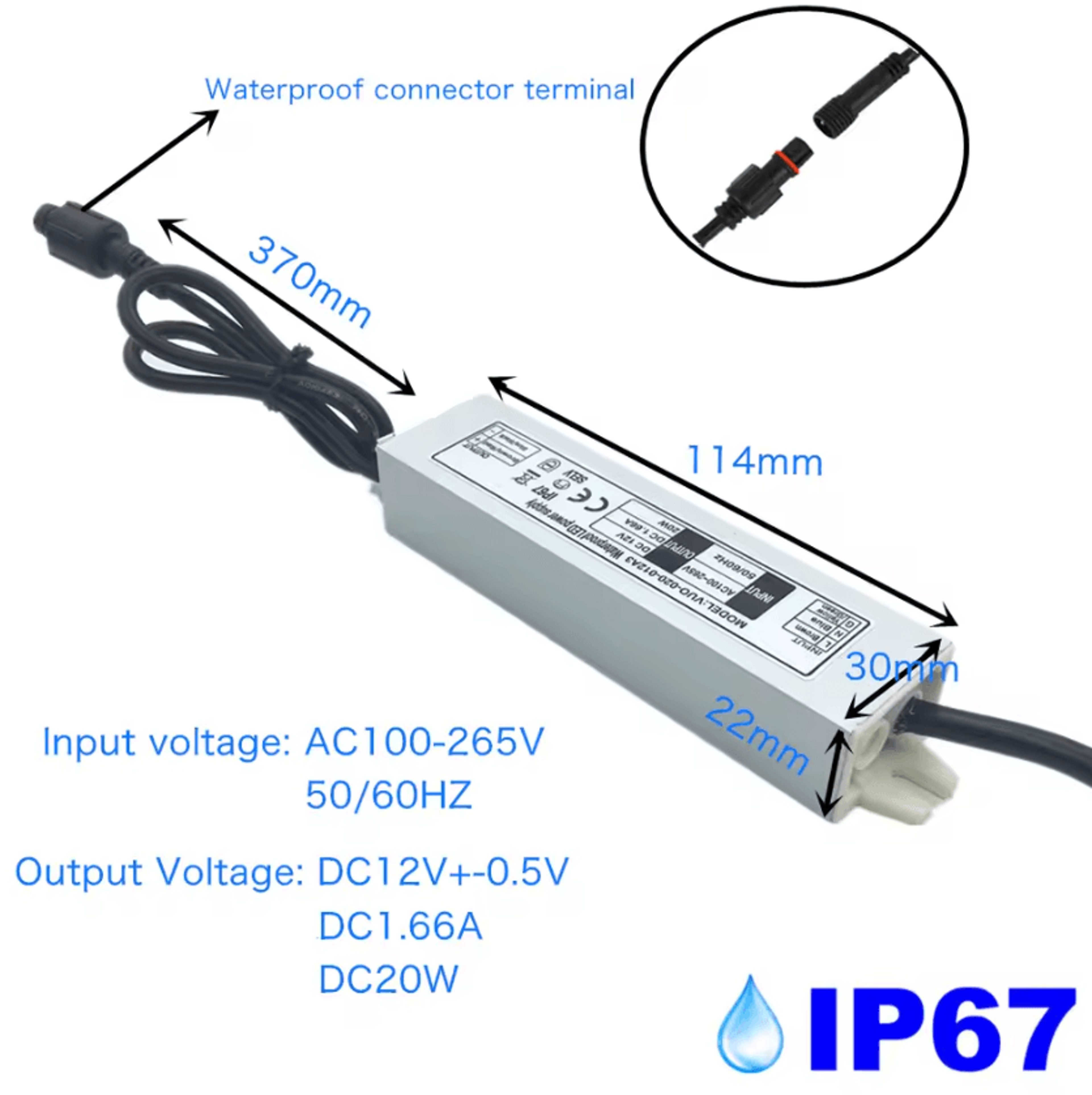 IP67 Waterproof LED Driver 12W 20W AC100265V Power Supply Transformer For Indoor Outdoor Lighting 3