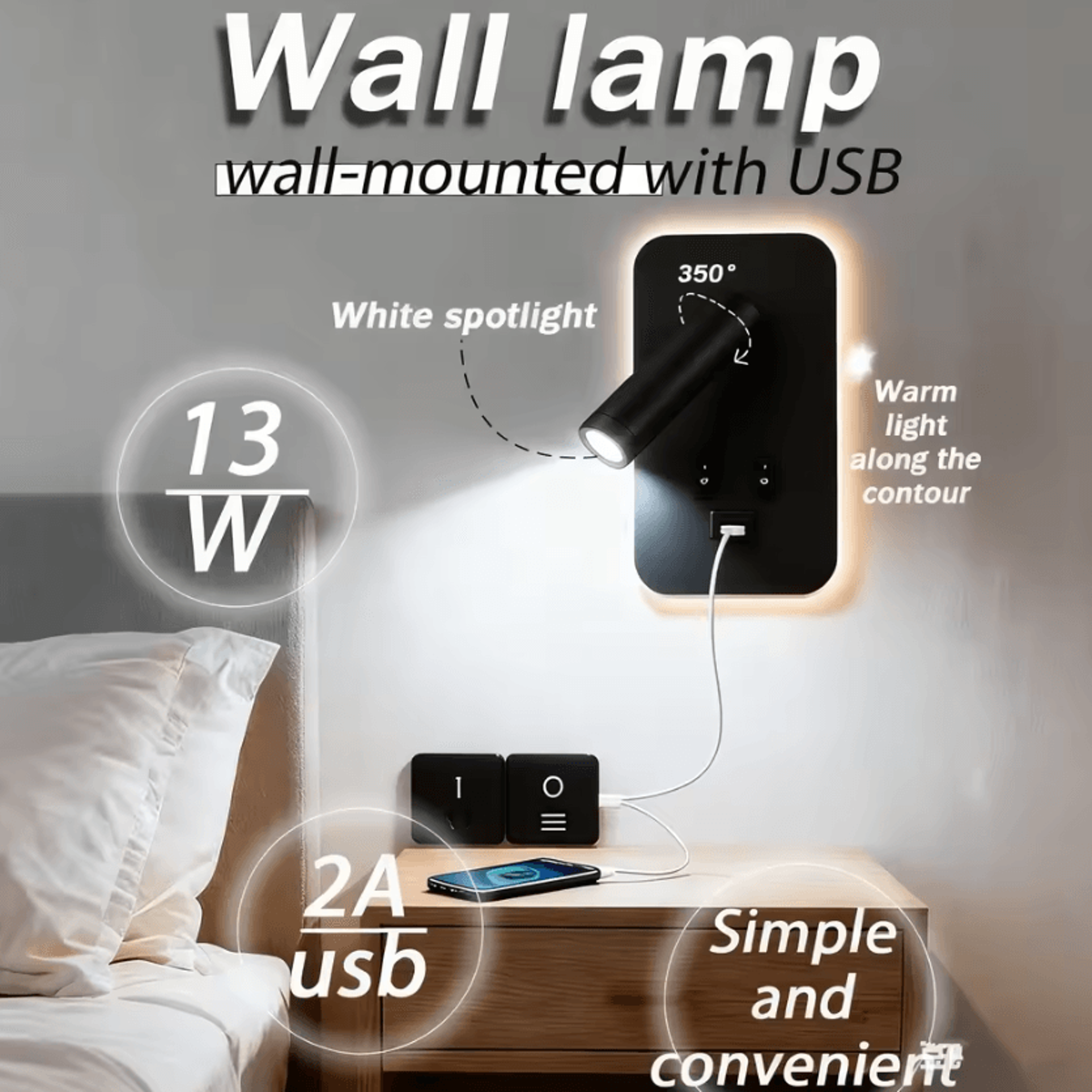 13w led bedside reading wall lamp with usb port rotatable spotlight and dual switch for bedroom lighting