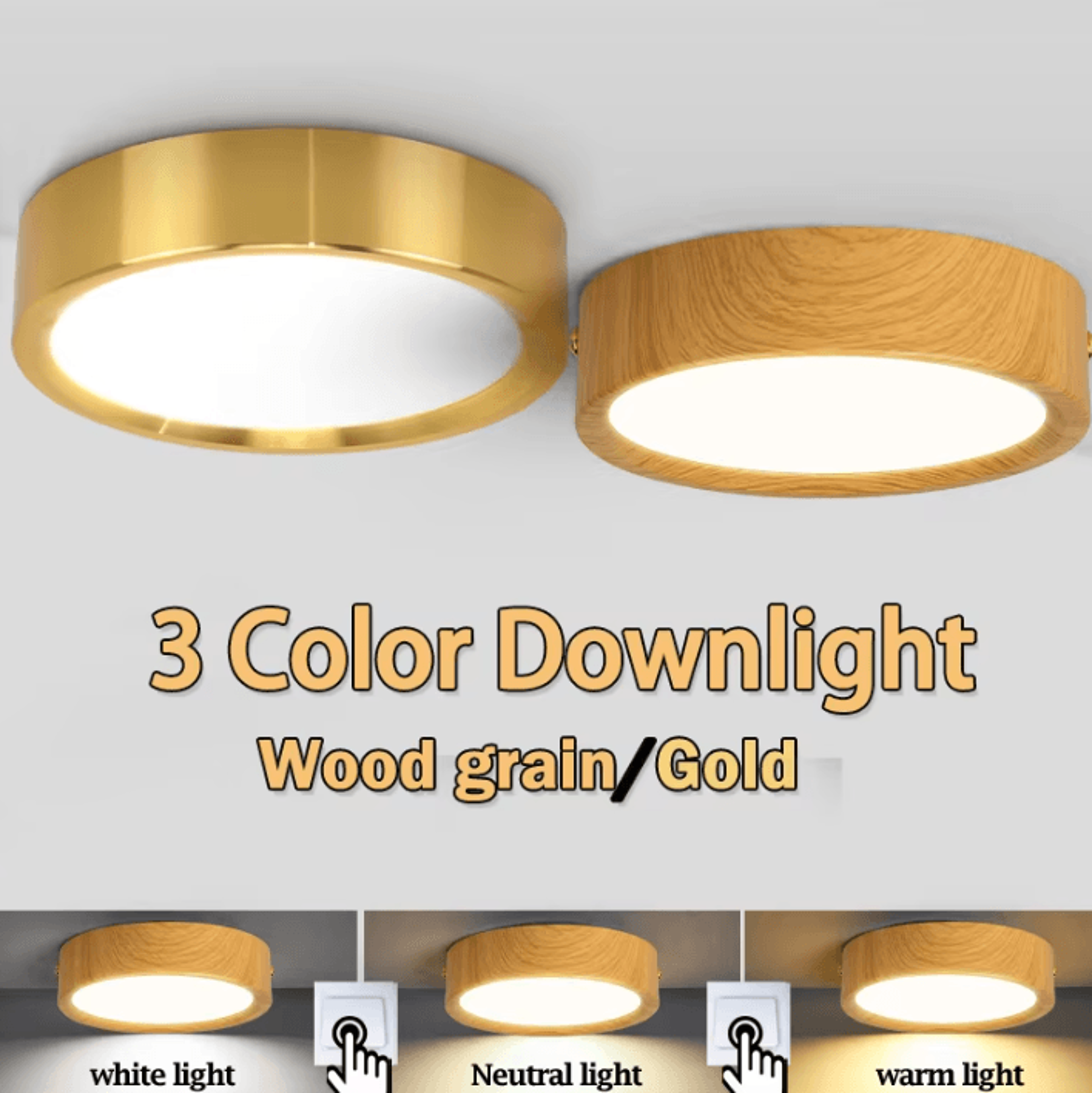 wood grain gold led ceiling downlight 3-color ultra thin panel spotlight for living room and home decor