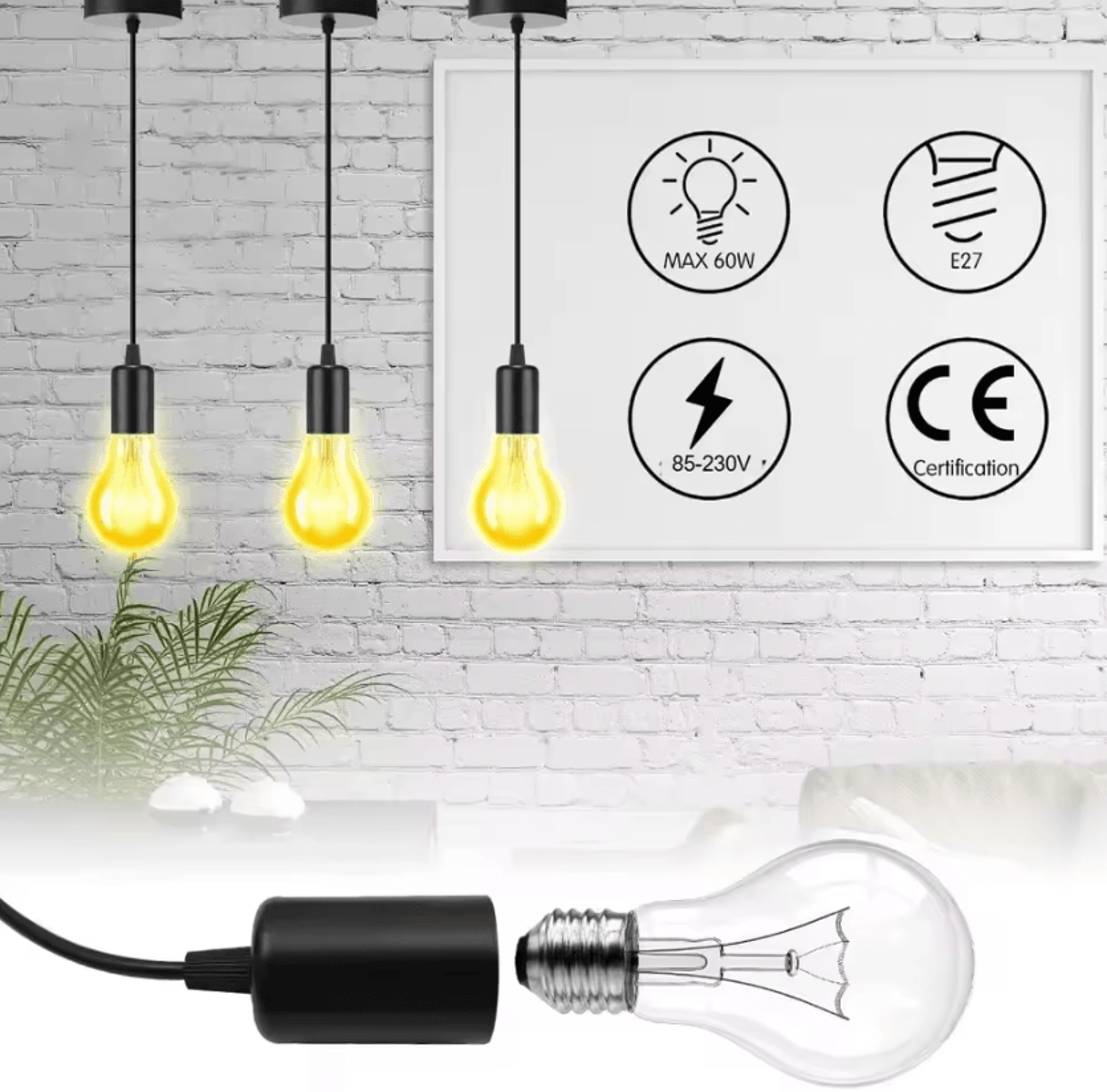 Industrial E27 Pendant Lamp Holder With Adjustable 50150CM Cable Black White Hanging Ceiling Light  1