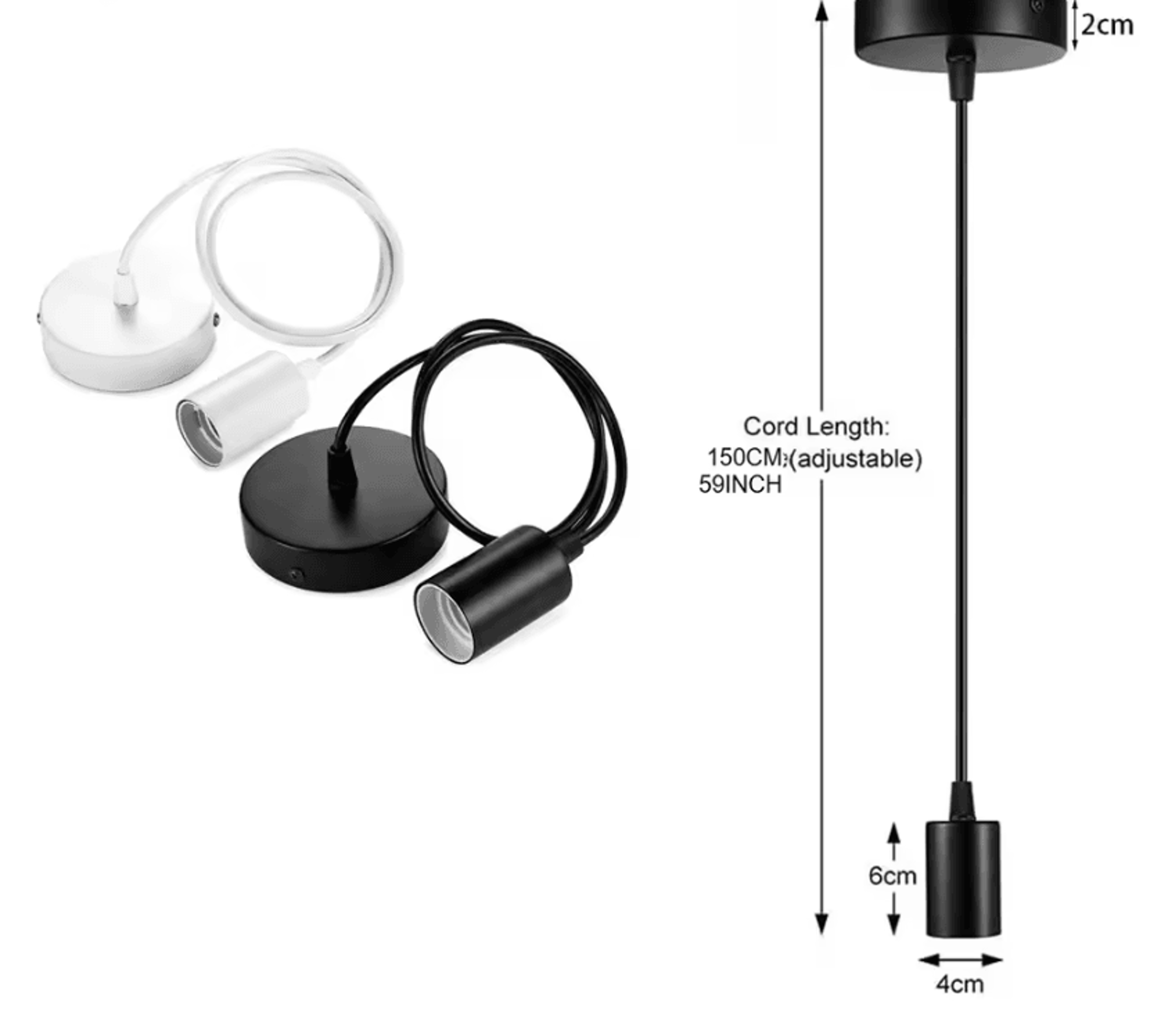 industrial e27 pendant lamp holder with adjustable 50/150cm cable black white hanging ceiling light fitting