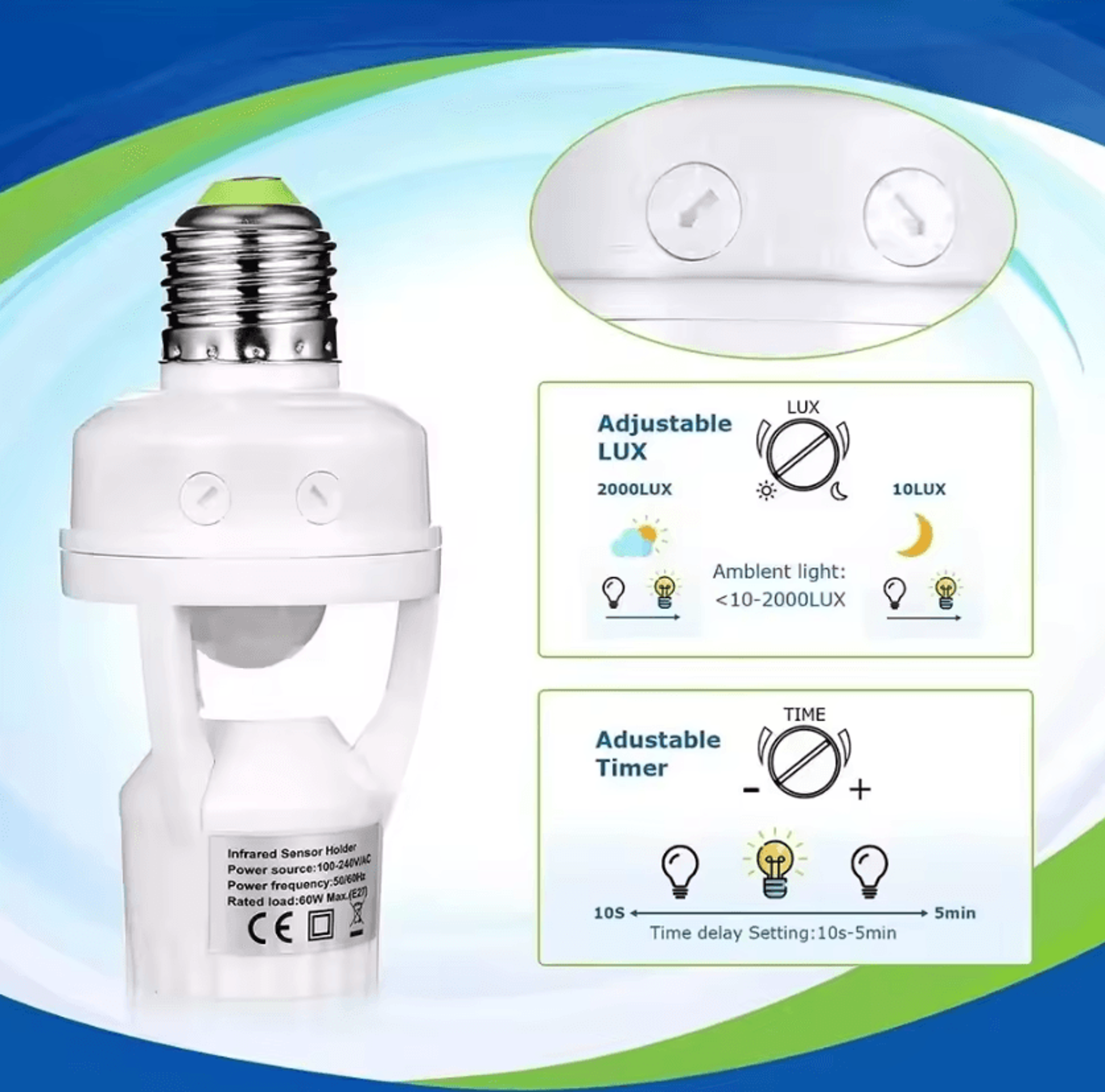 E27 PIR Motion Sensor Lamp Holder AC100240V Adjustable Automatic Light Bulb Socket Adapter 1