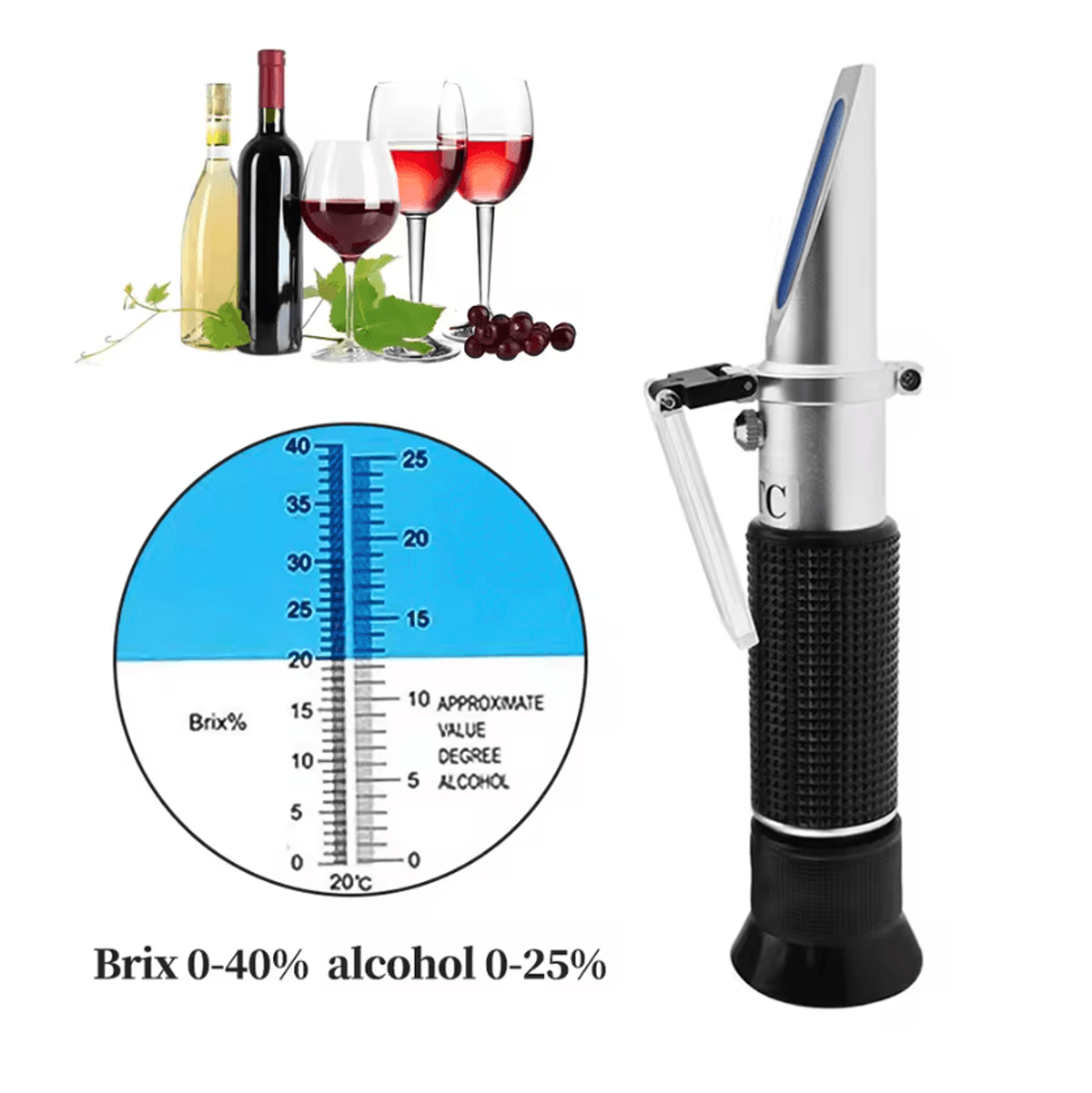 dual scale brix and alcohol refractometer 0-40% sugar 0-25% alcohol with atc for wine beer and grape testing