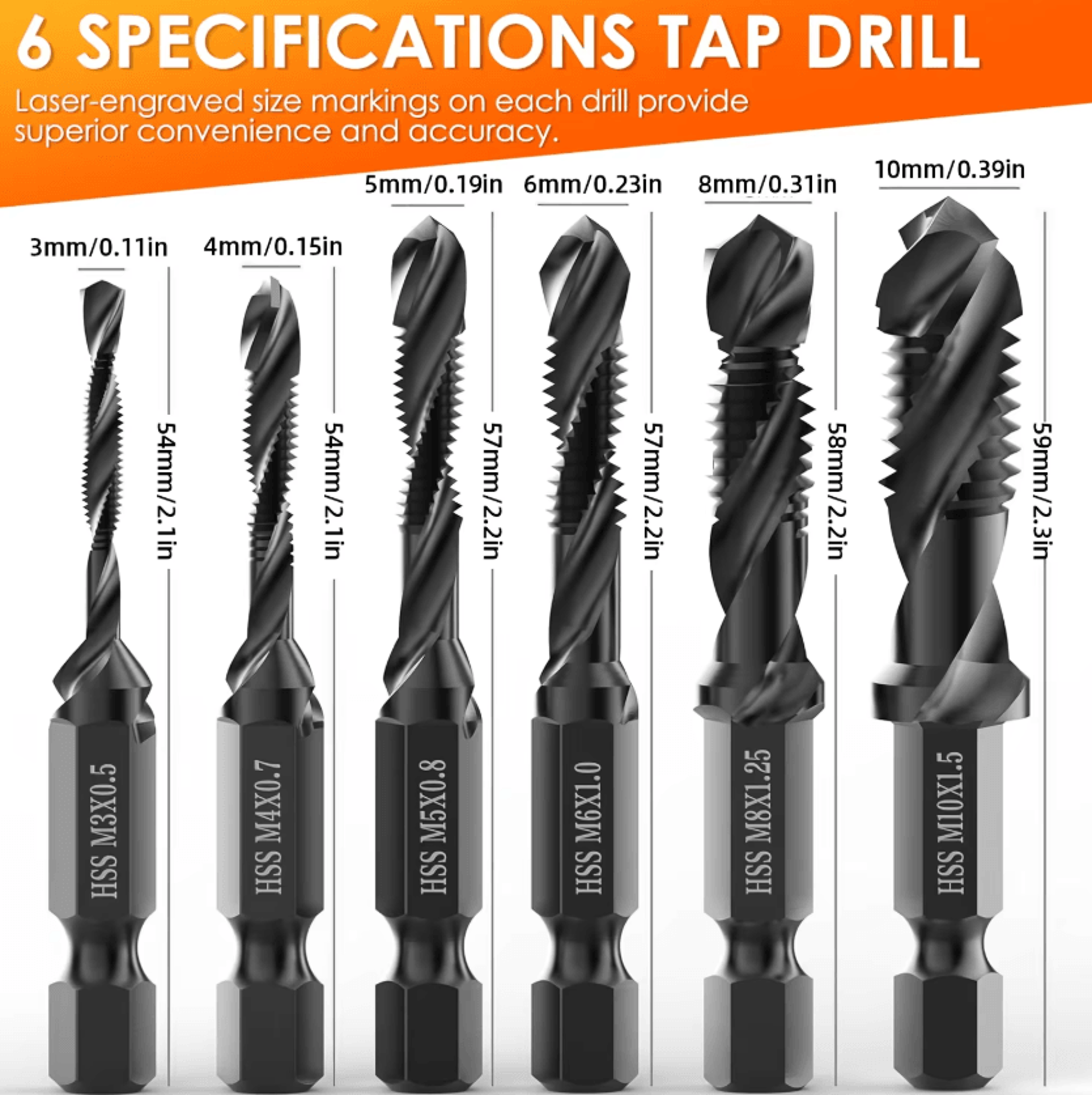 6pcs heavy duty drill tap bit set m3-m10 3-in-1 metric threading tool kit with 1/4 inch hex shank for metalworking