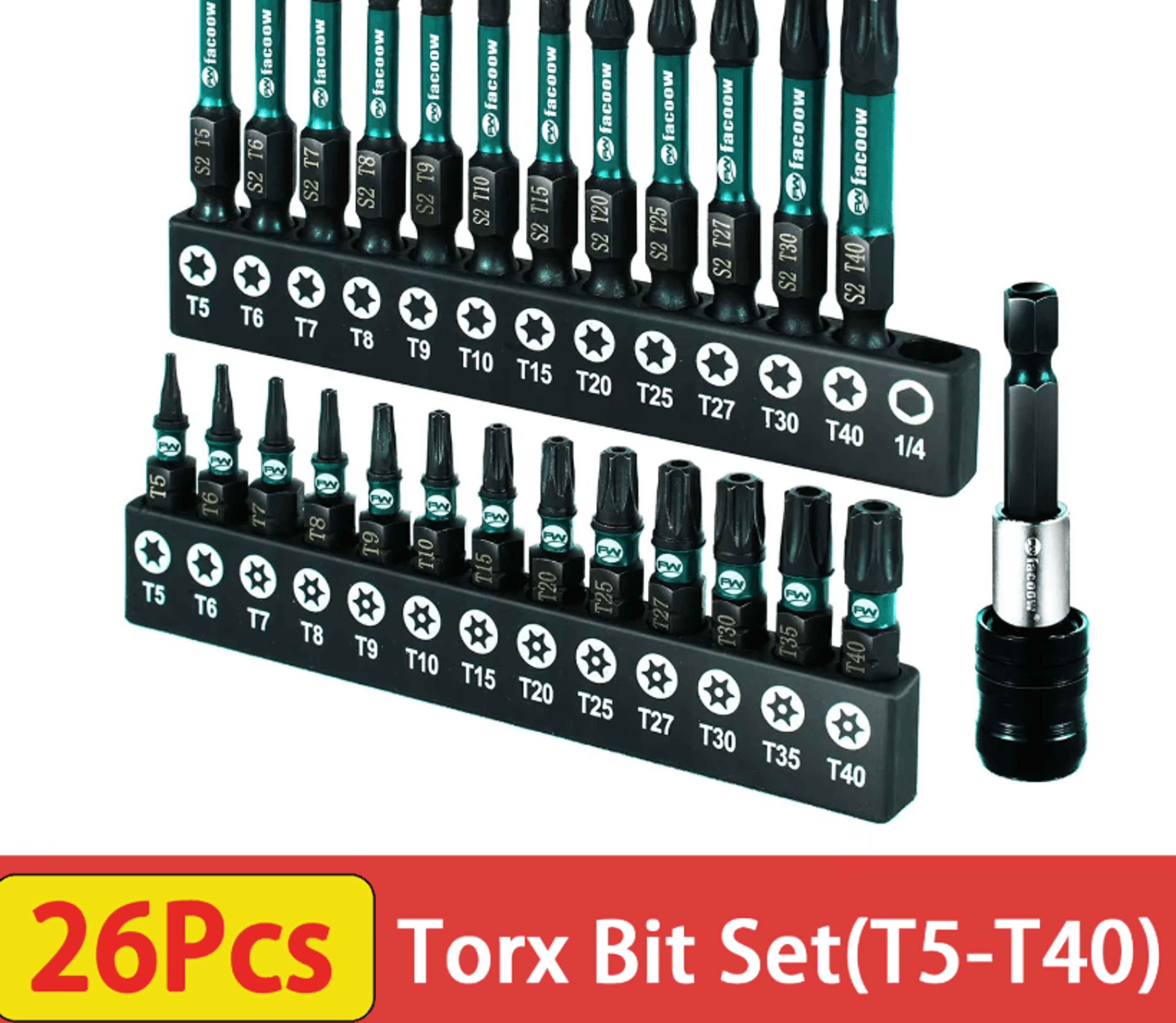 26pcs magnetic torx bit set t5-t40 with 1 and 2 inch screwdriver bits and quick change extension