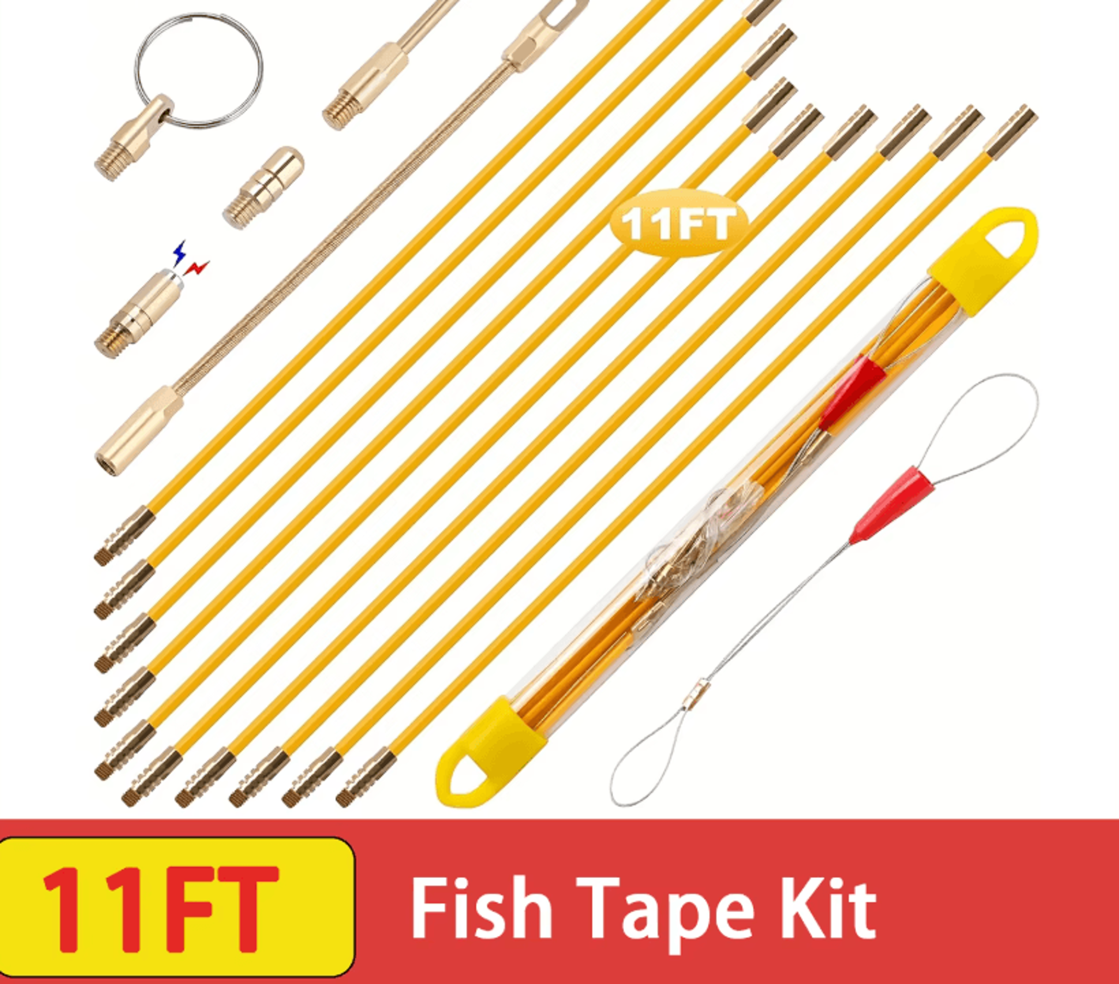 11ft fiberglass fish tape wire pulling kit with 5 attachments and storage case for electrical cable installation