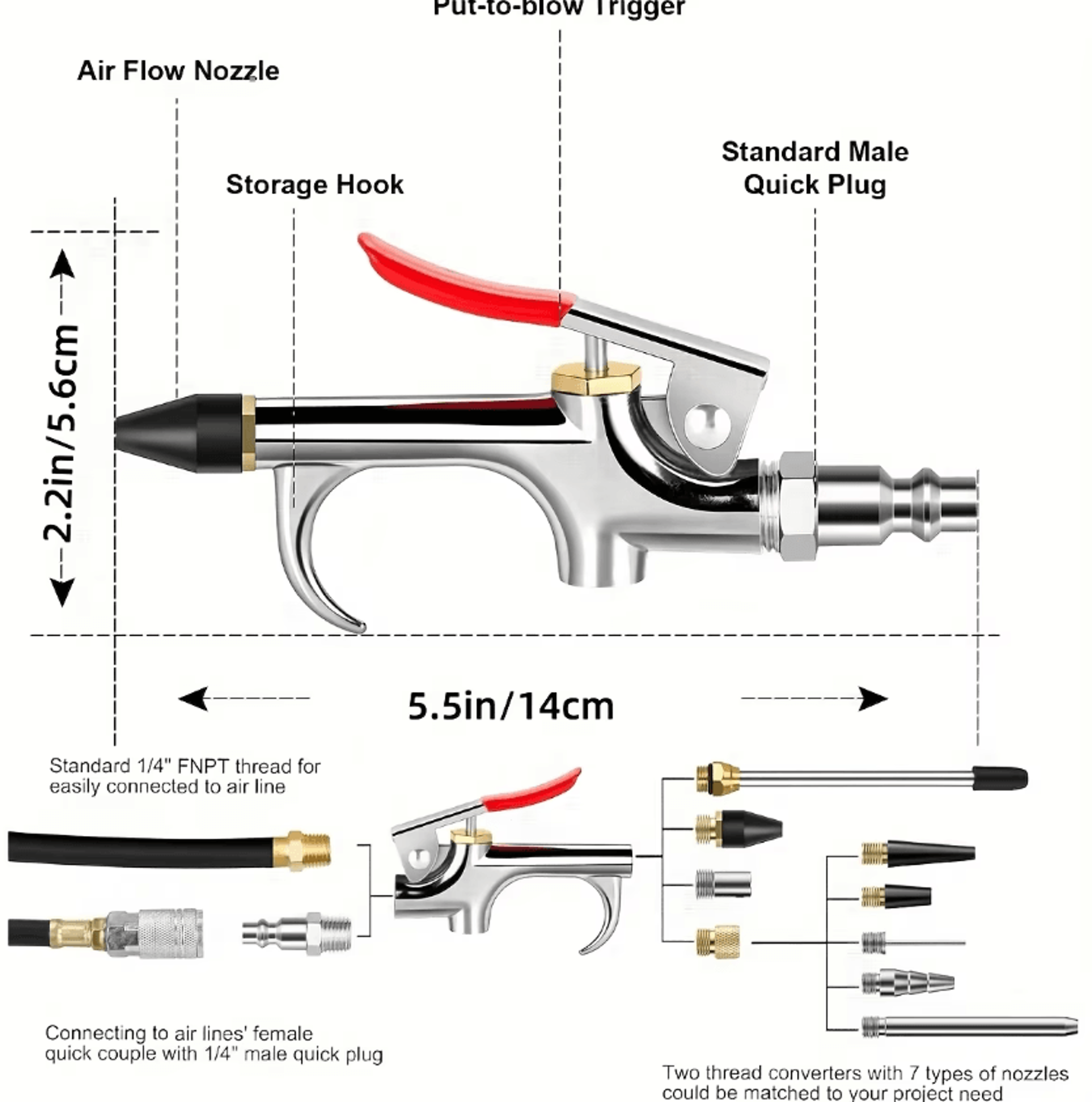 13pcs 2-way air blow gun nozzle set with 8 interchangeable nozzles and 1/4 inch quick connect fitting for air compressor
