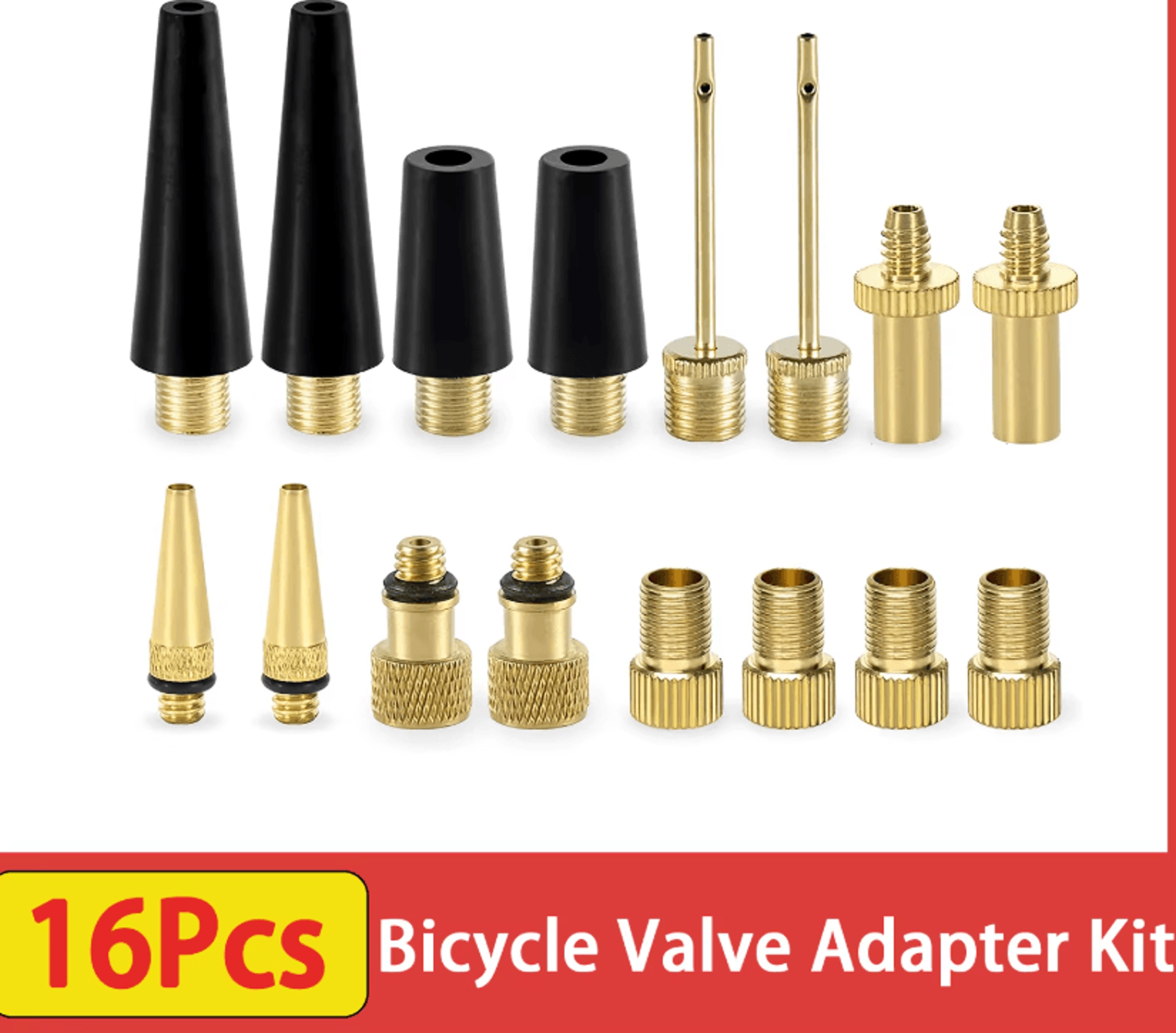 16pcs bicycle valve adapter set brass presta schrader dv av sv converters with ball pump needles for bike tires and spor