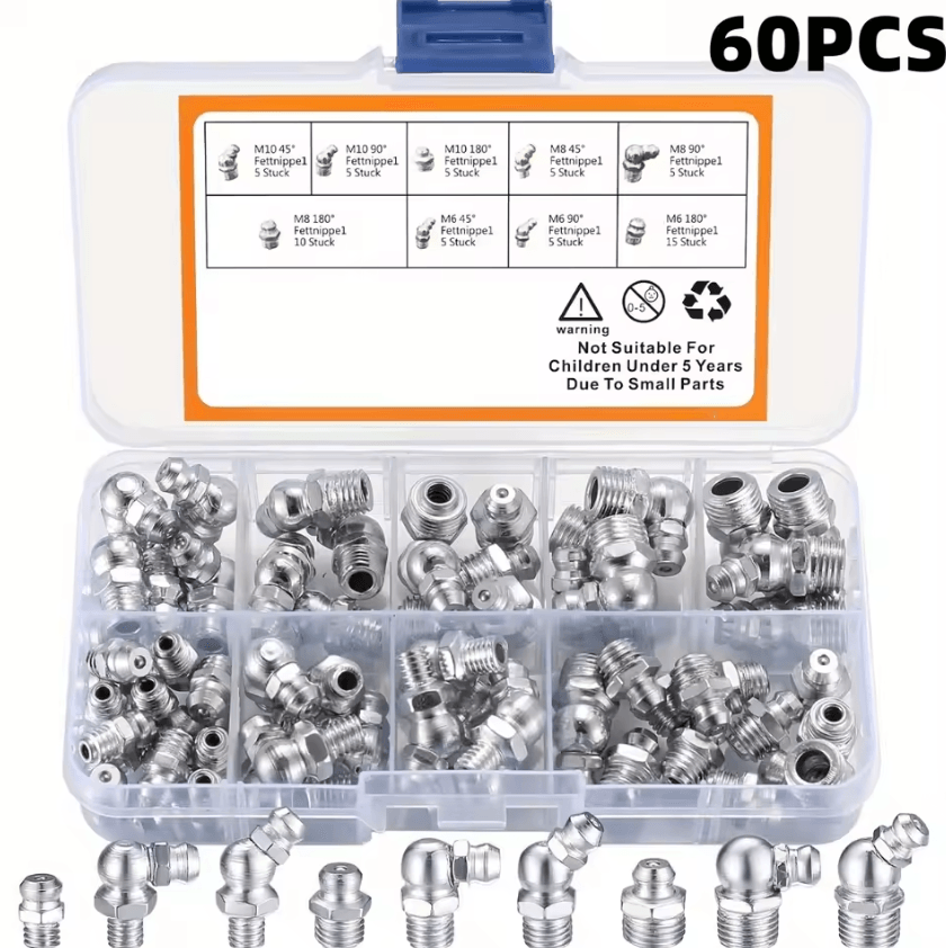 60PCS Metric Grease Fittings Kit M6 M8 M10 Straight 45 And 90 Degree Grease Zerk Assortment For Mac 6