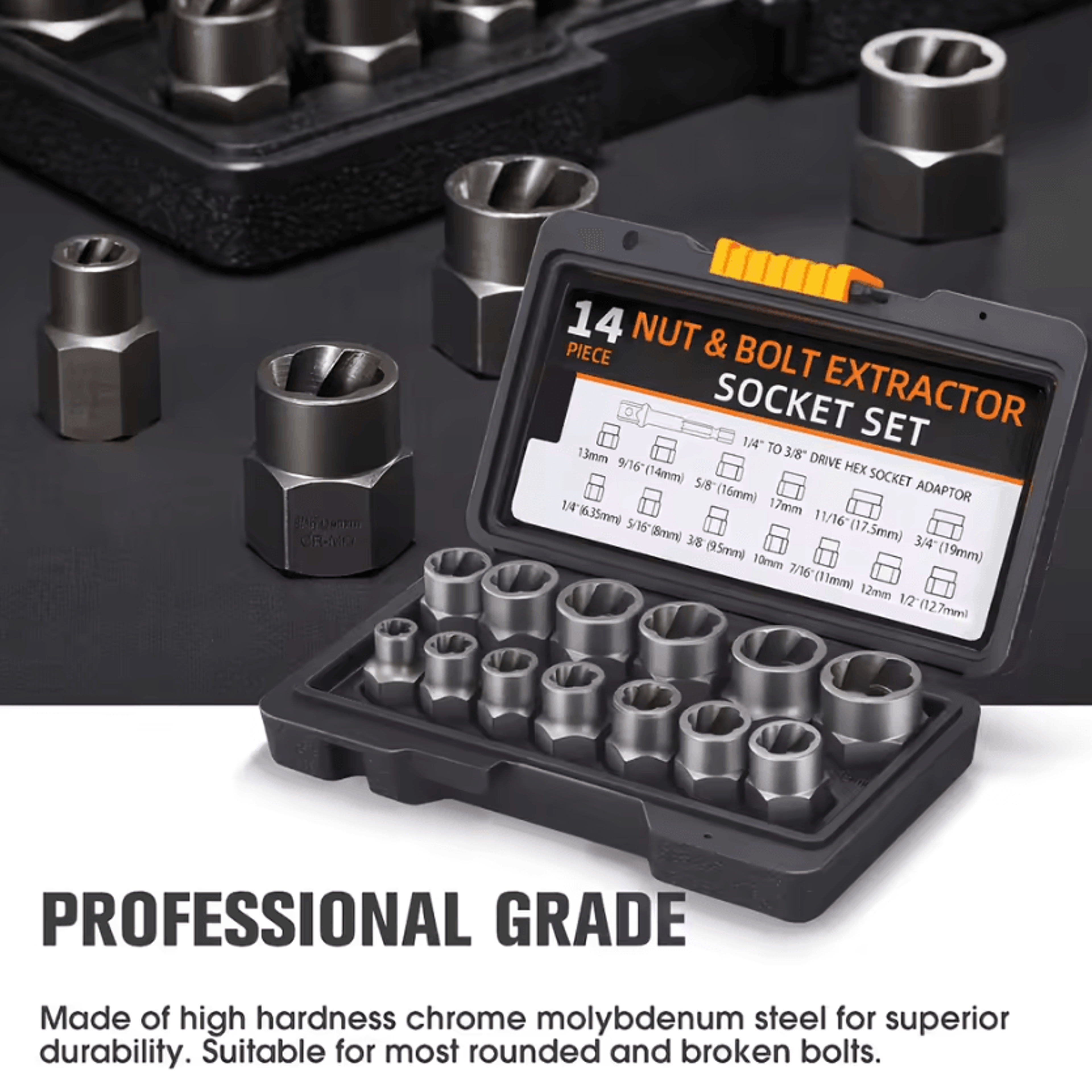 14pcs impact bolt extractor socket set with 3/8 inch adapter for stripped bolts and damaged nut removal