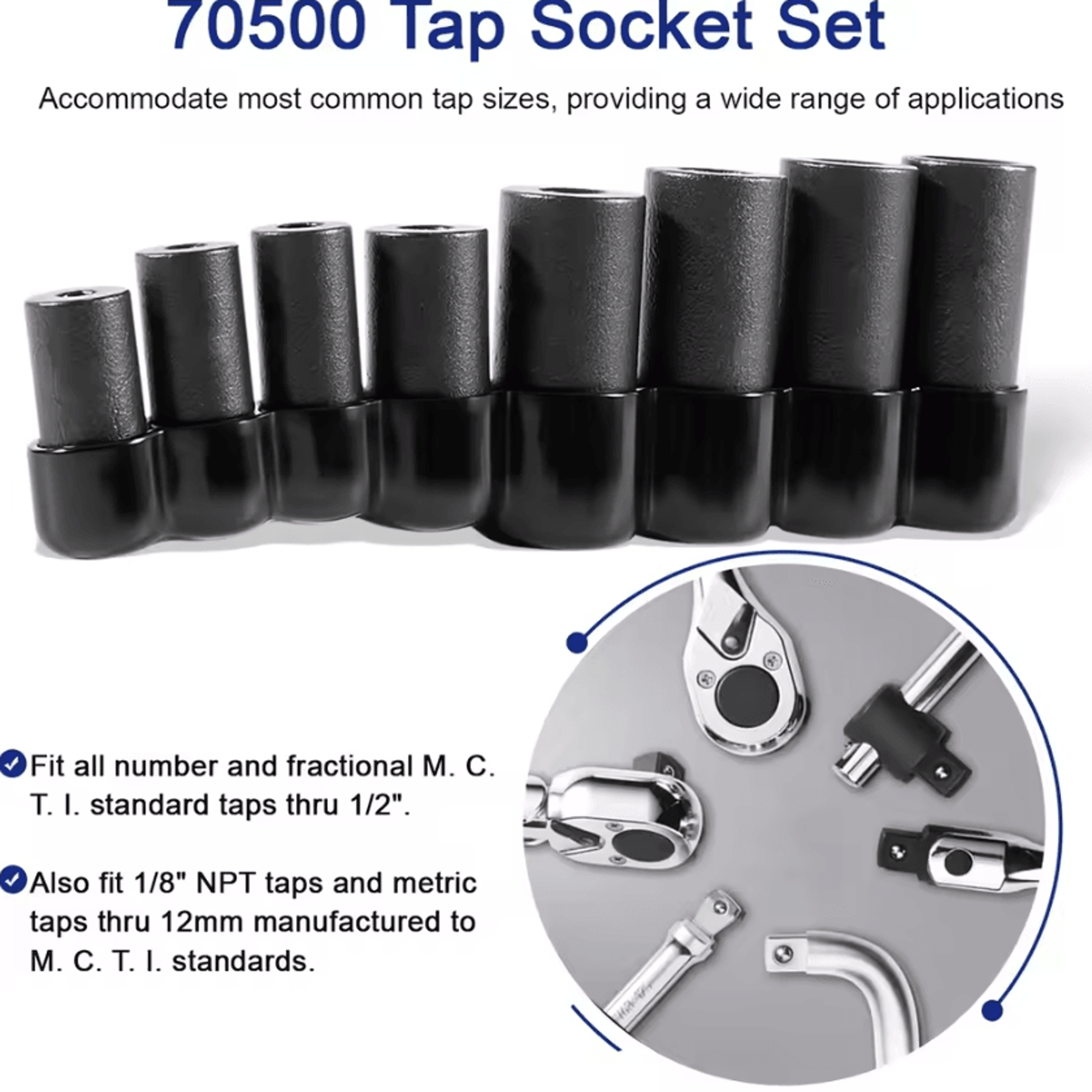8PCS 70500 Tap Socket Set 14 And 38 Inch Drive Thread Tap Adapter Kit For Metric SAE And NPT Taps 3