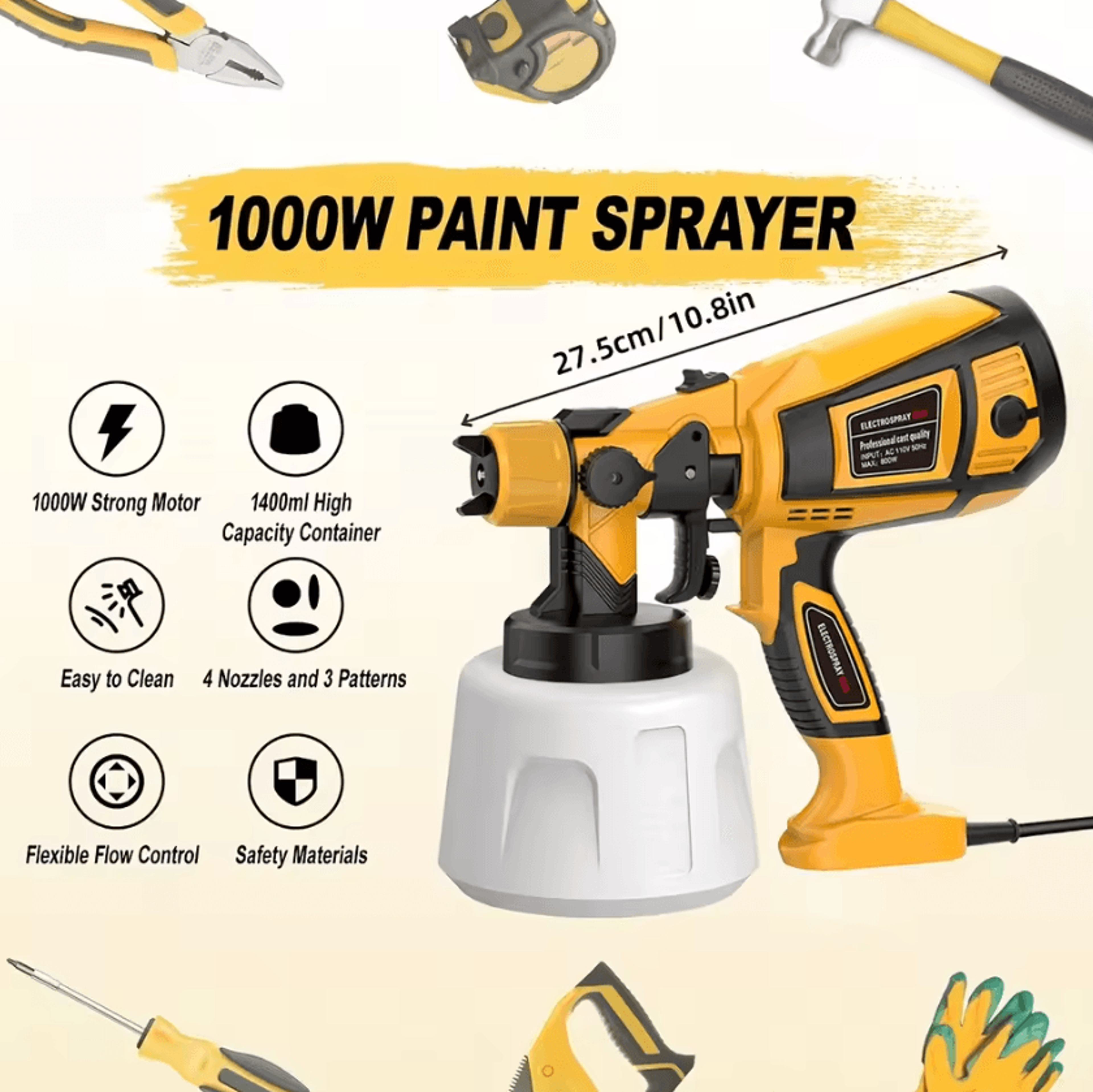 1000W Electric Paint Sprayer Gun High Power Easy Clean Spray Painting Tool For Furniture Cabinets F 1