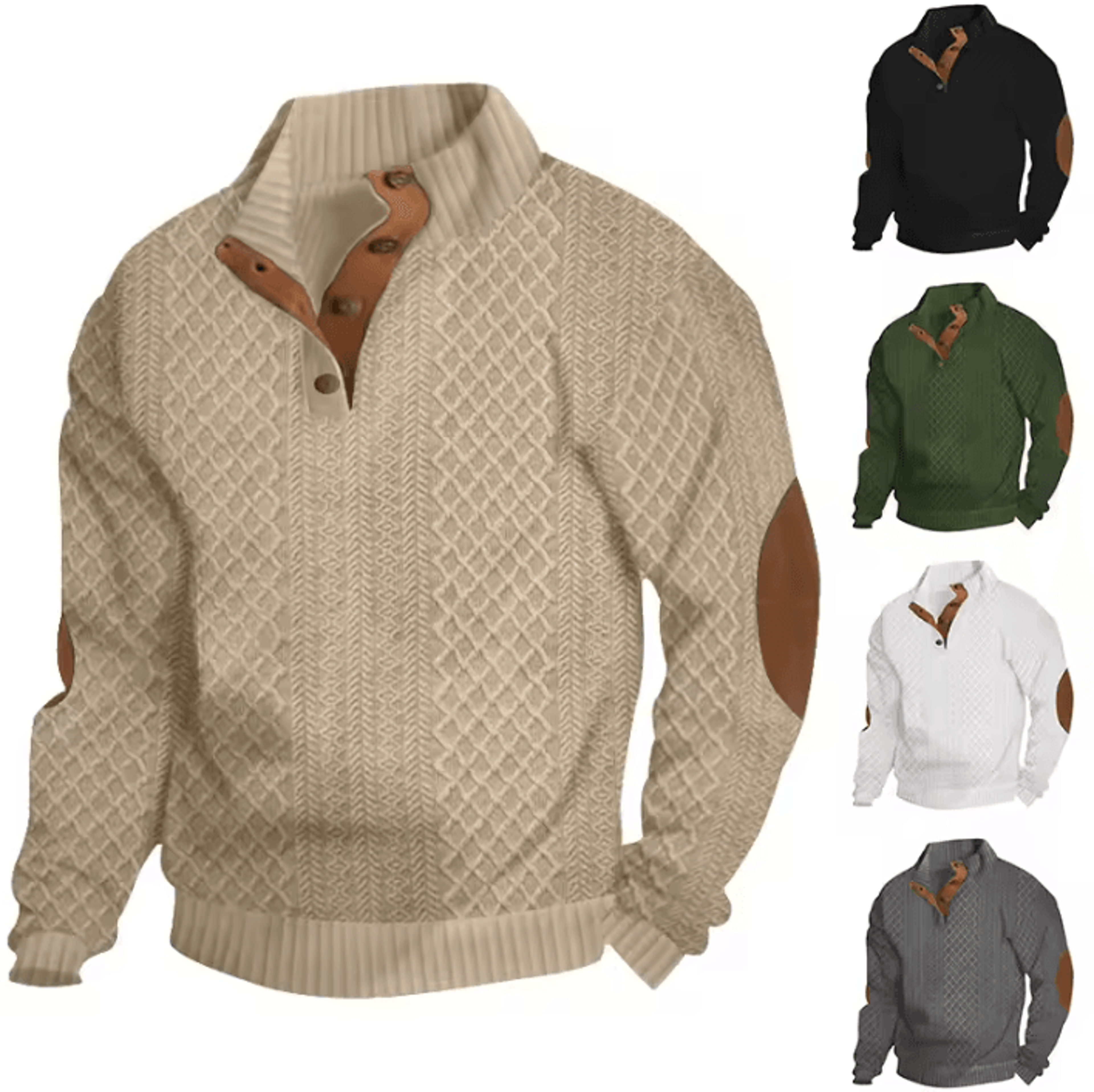 mens jacquard knitted pullover sweater stand collar long sleeve casual autumn winter top