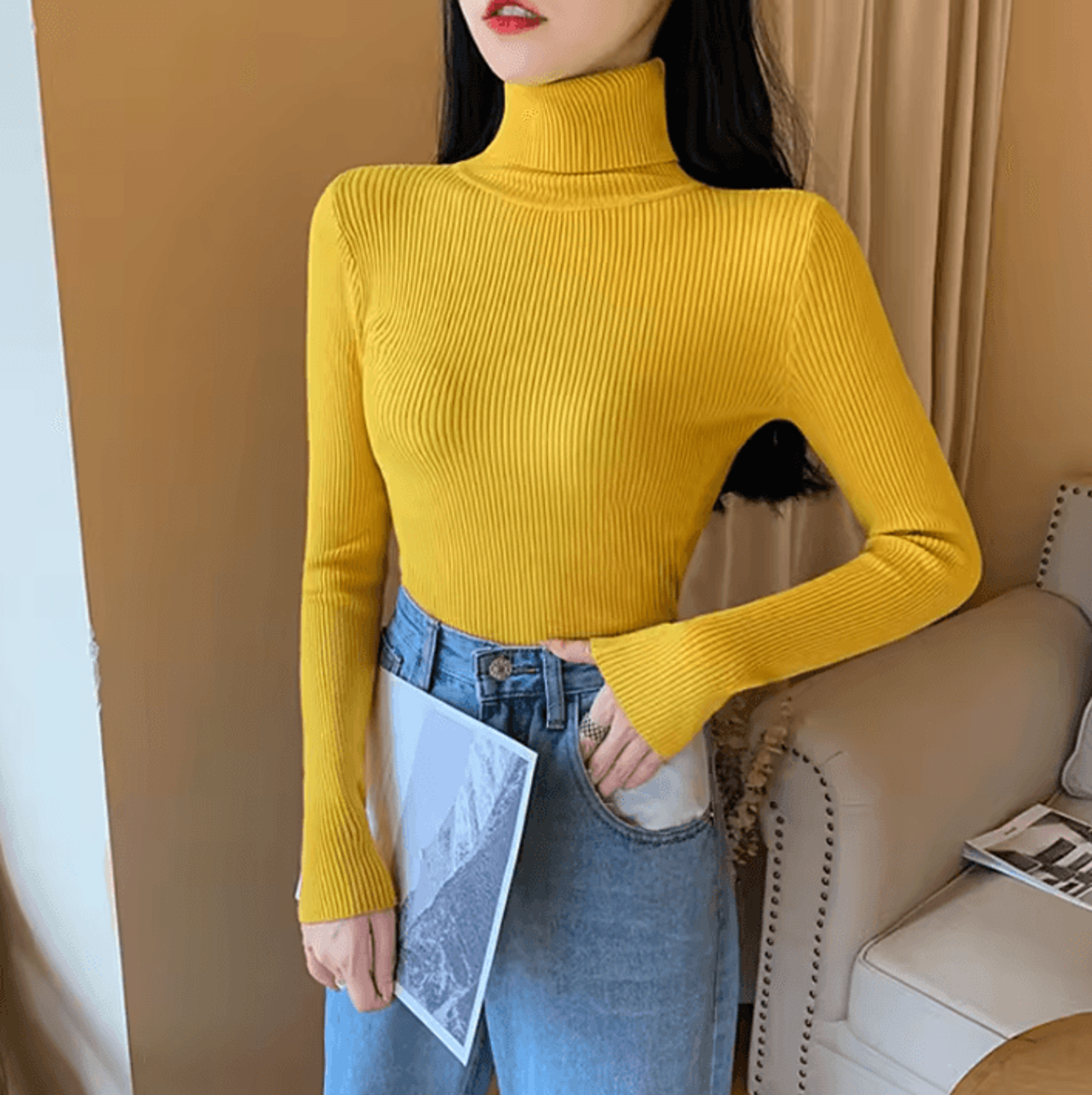 Womens Ribbed Knitted Turtleneck Sweater Long Sleeve Foldover Neck Pullover For Autumn And Winter 13