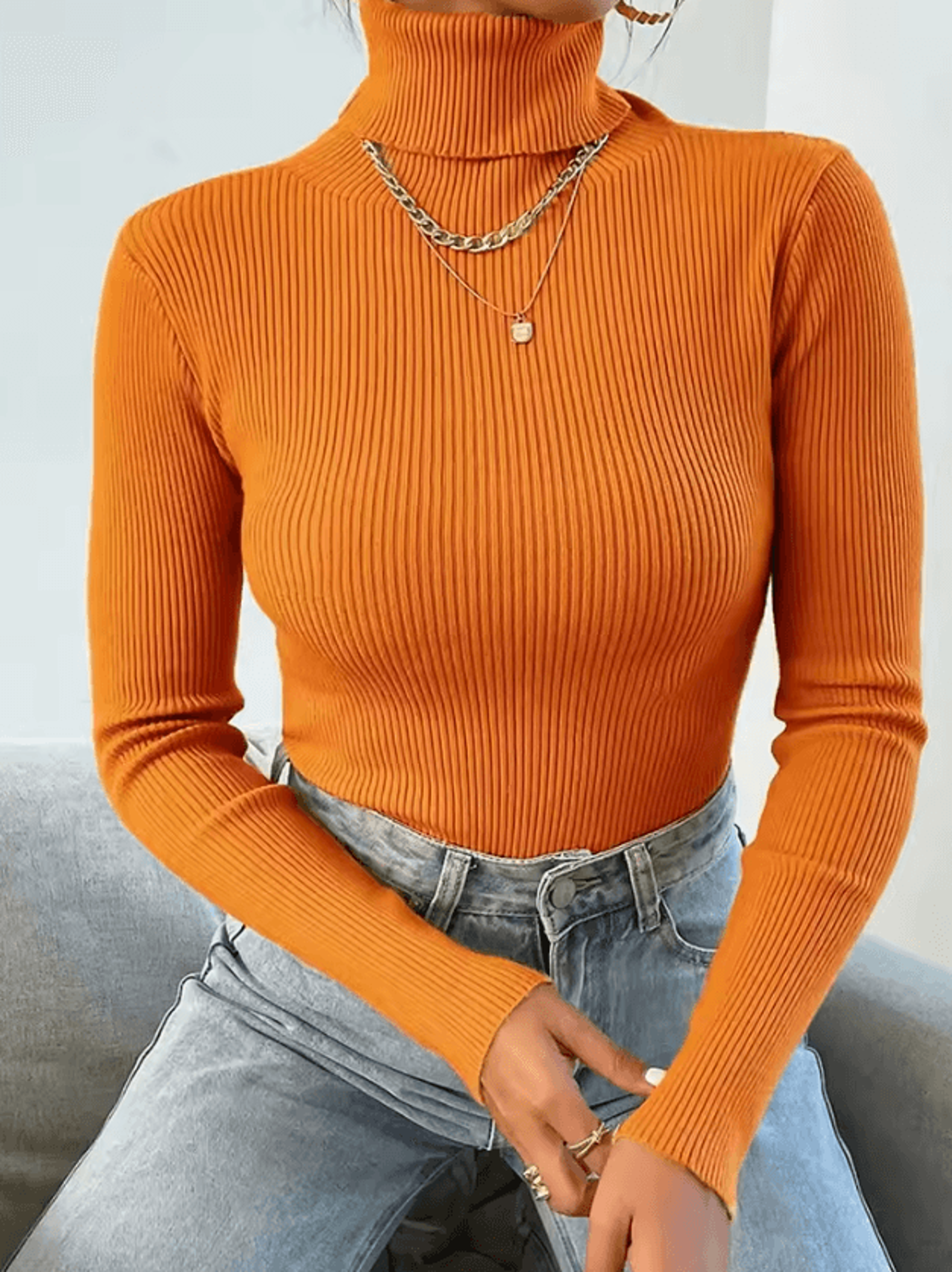 womens ribbed knitted turtleneck sweater long sleeve foldover neck pullover for autumn and winter