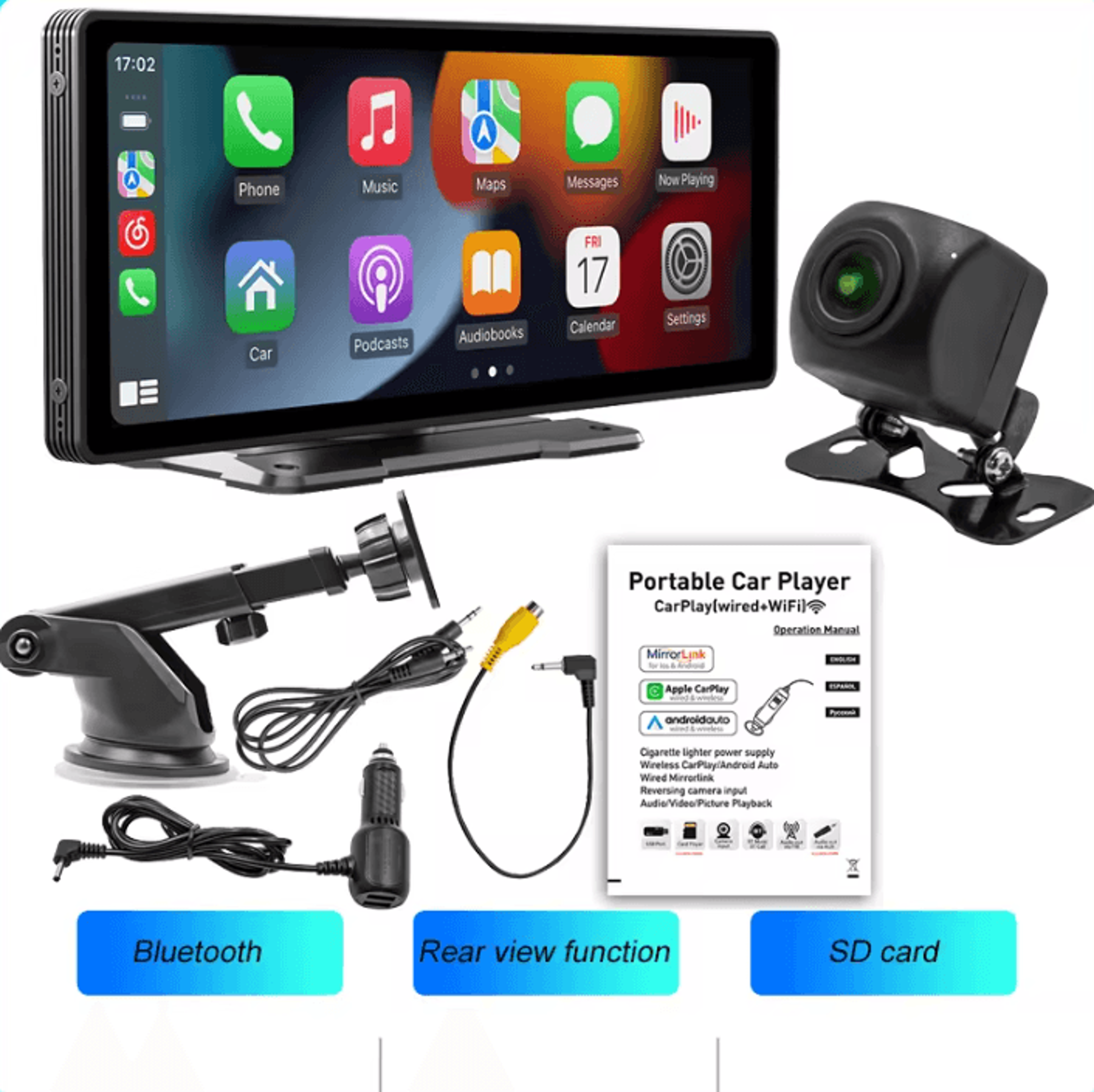 BQCC 10 Inch Portable Wireless CarPlay Screen With Rear Camera Android Auto And HD Car Multimedia D 5