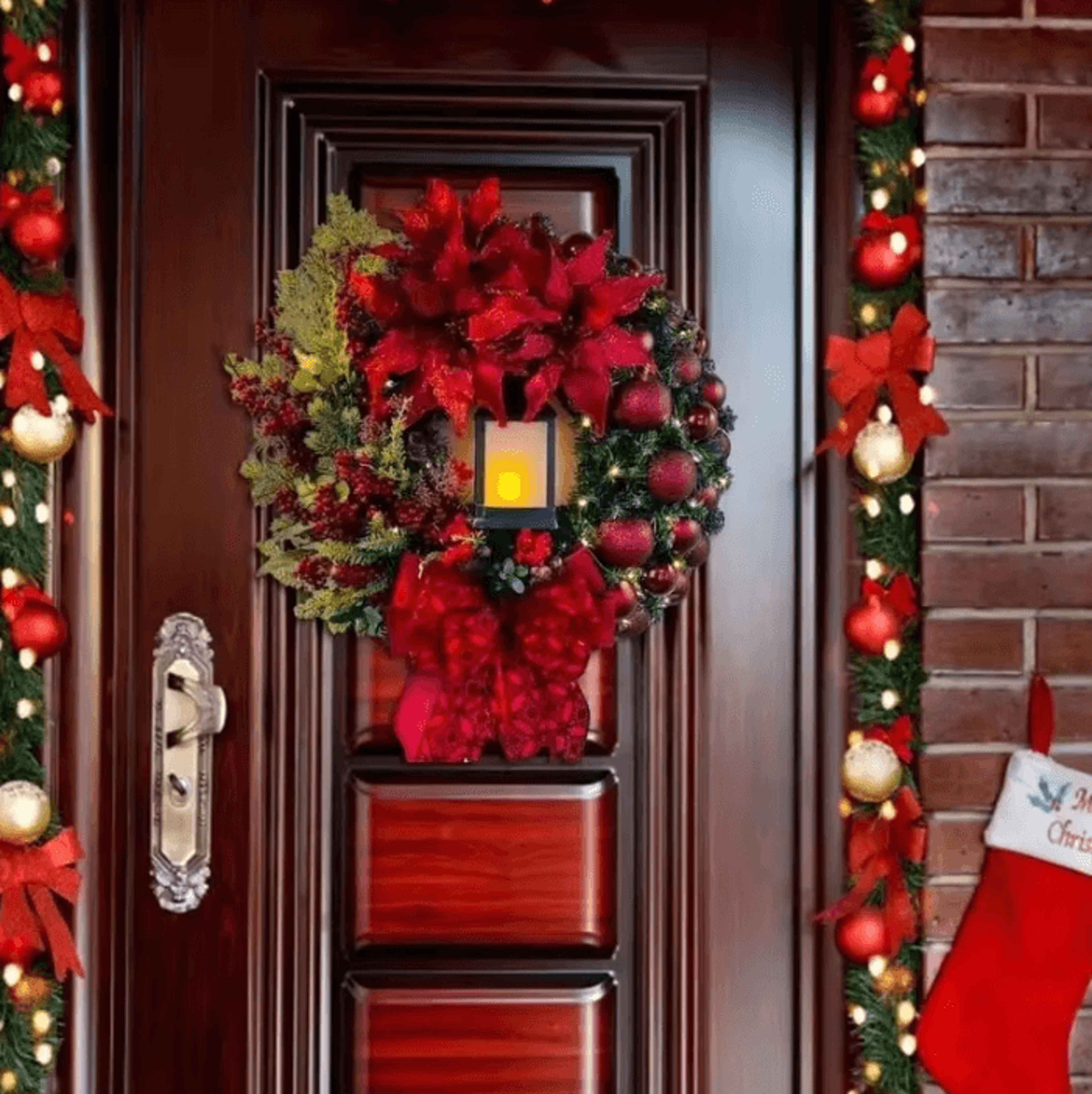 40cm Christmas Door Wreath With Decorative Lantern And Large Bow Festive Holiday Garland For Front  1