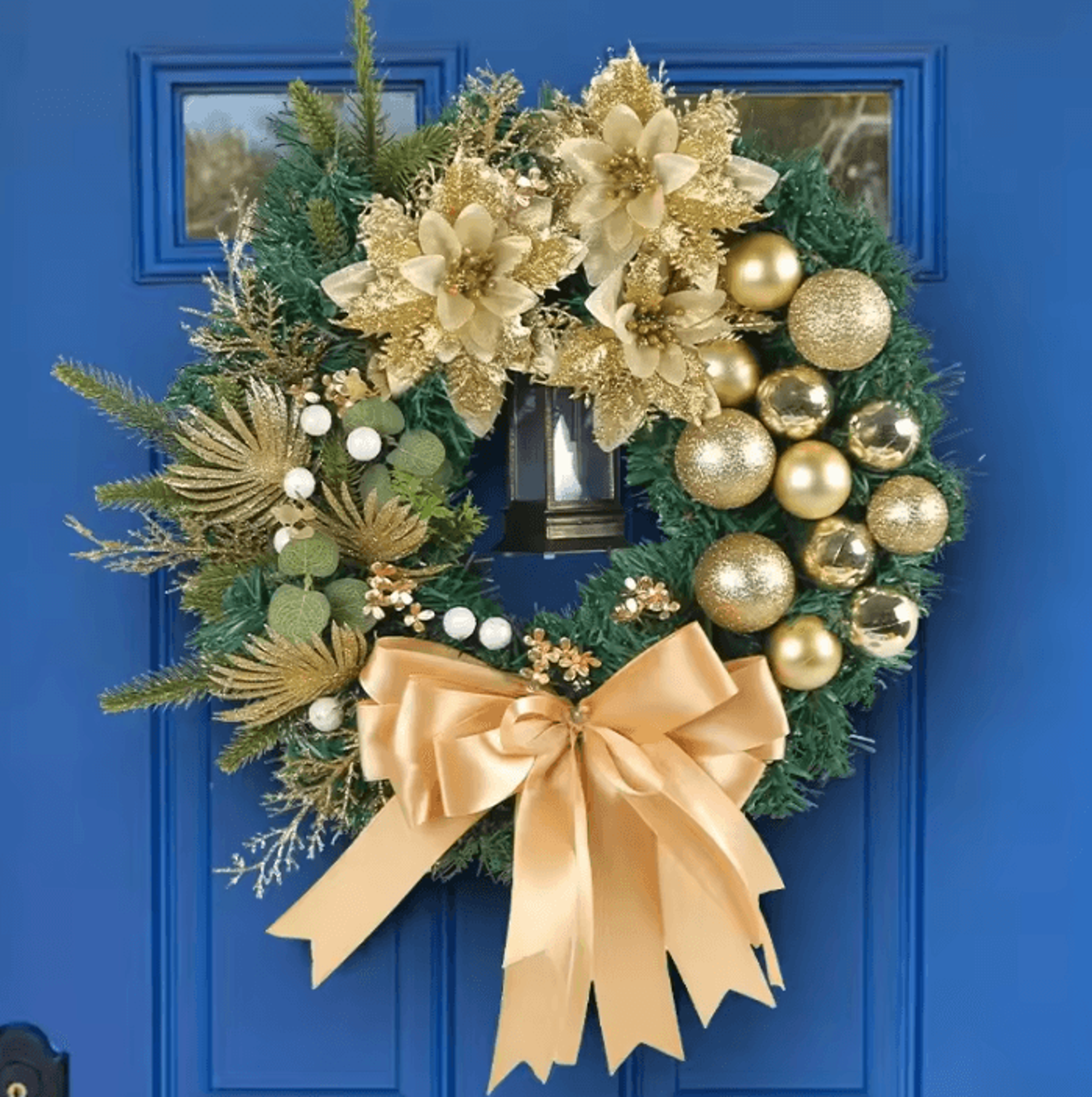 40cm Christmas Door Wreath With Decorative Lantern And Large Bow Festive Holiday Garland For Front  2