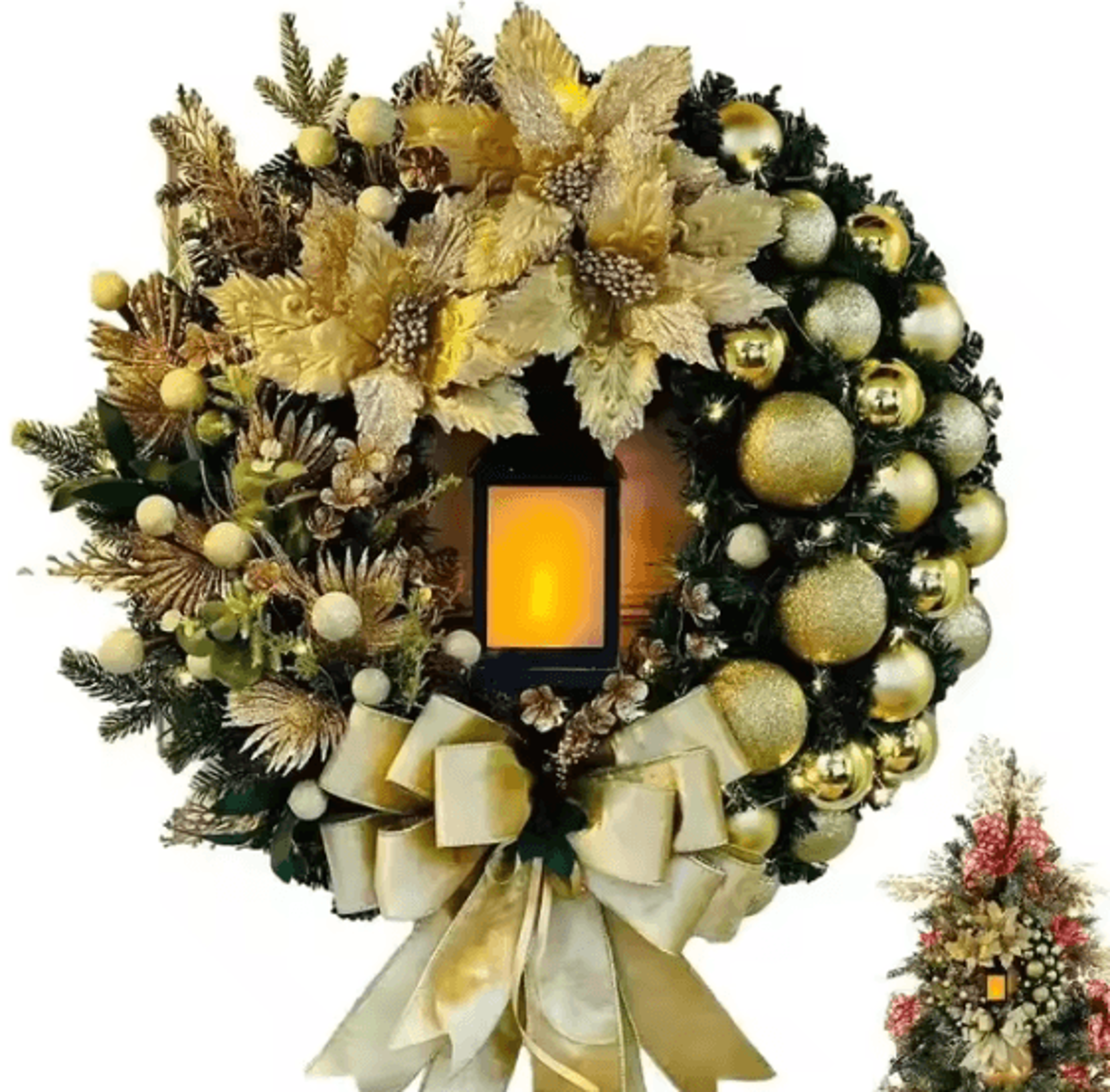 40cm Christmas Door Wreath With Decorative Lantern And Large Bow Festive Holiday Garland For Front  4