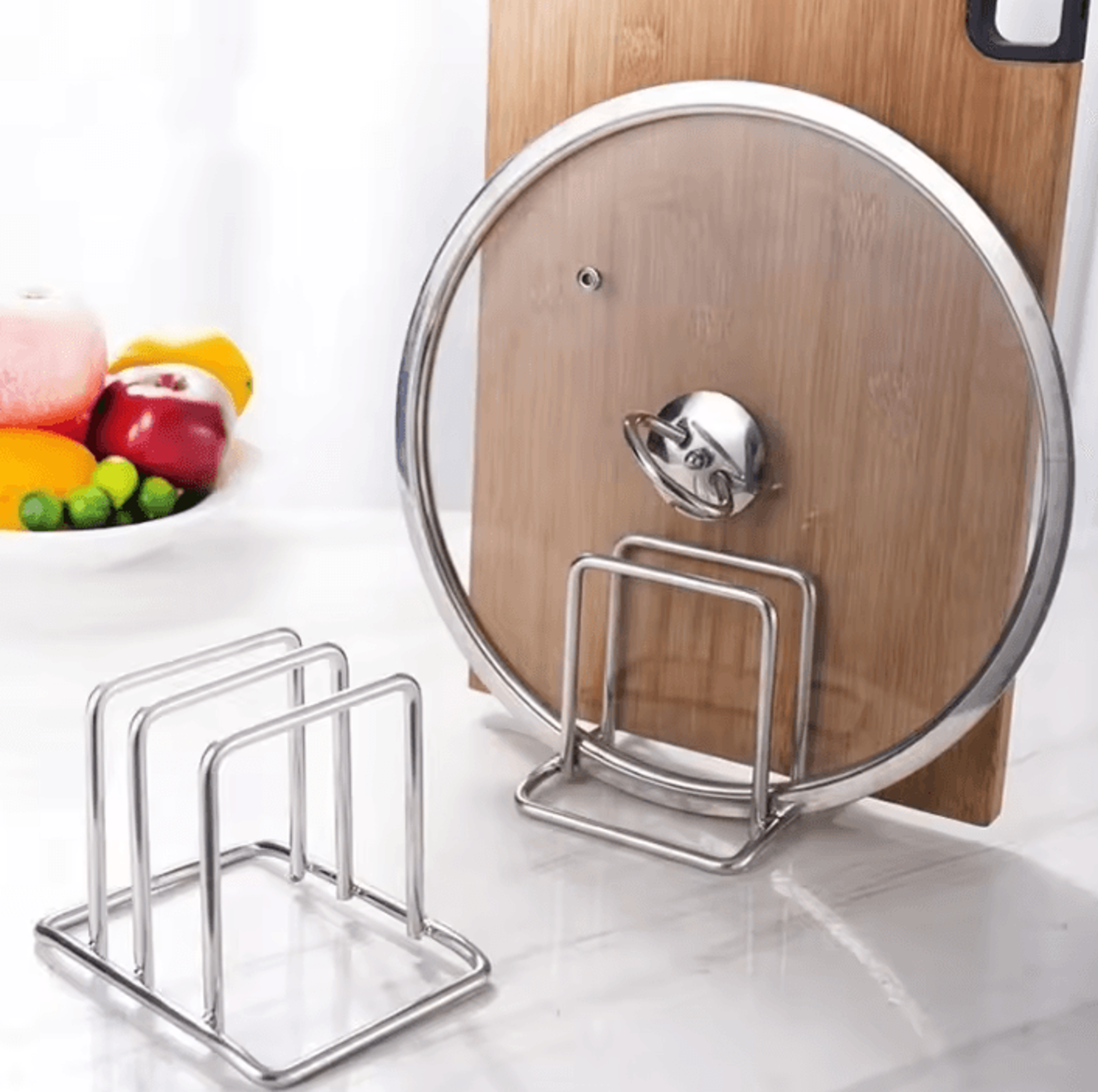 stainless steel cutting board holder and pot lid storage rack