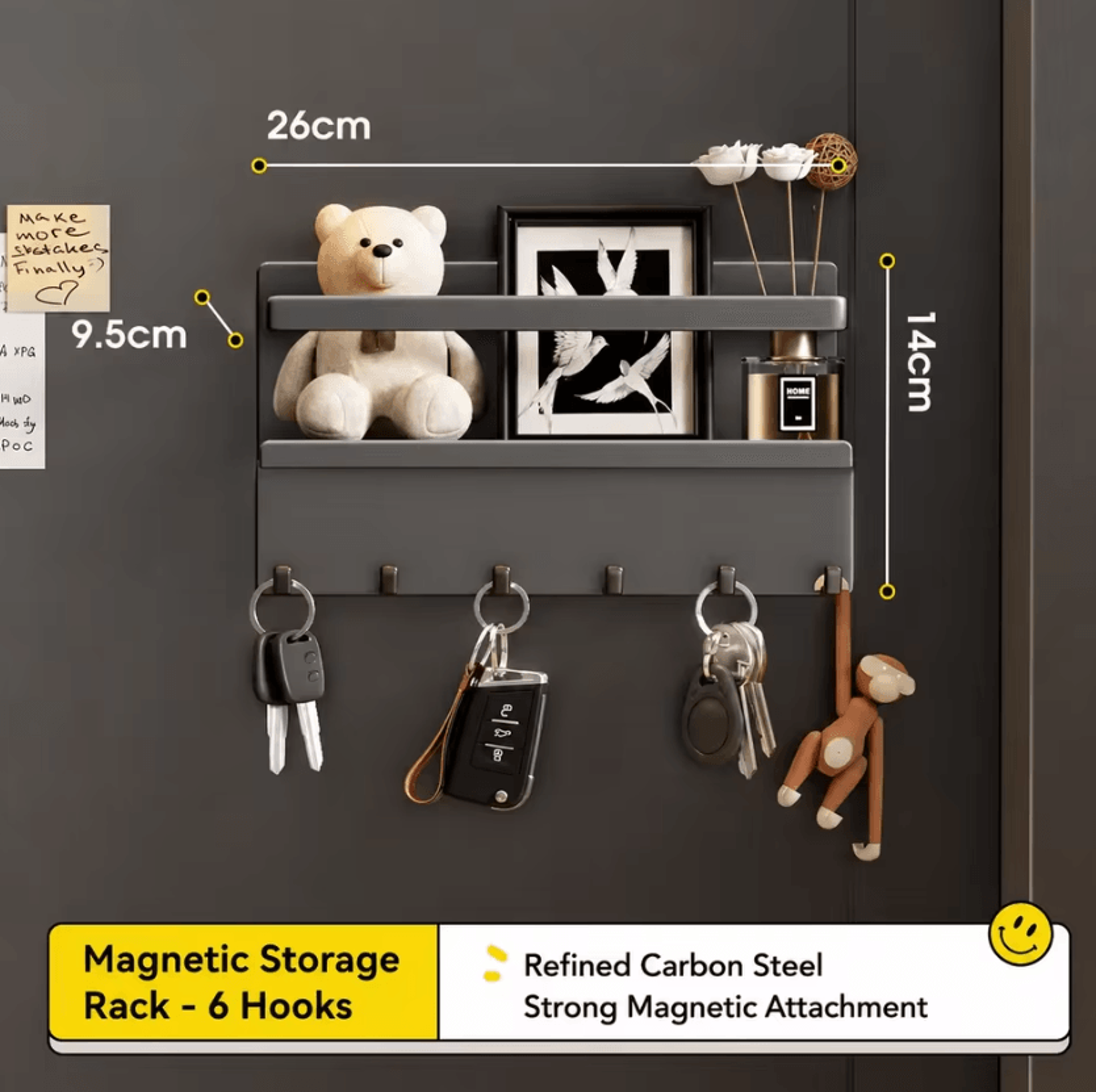 Magnetic Carbon Steel Door Storage Rack With Hooks For Entryway Organization 13