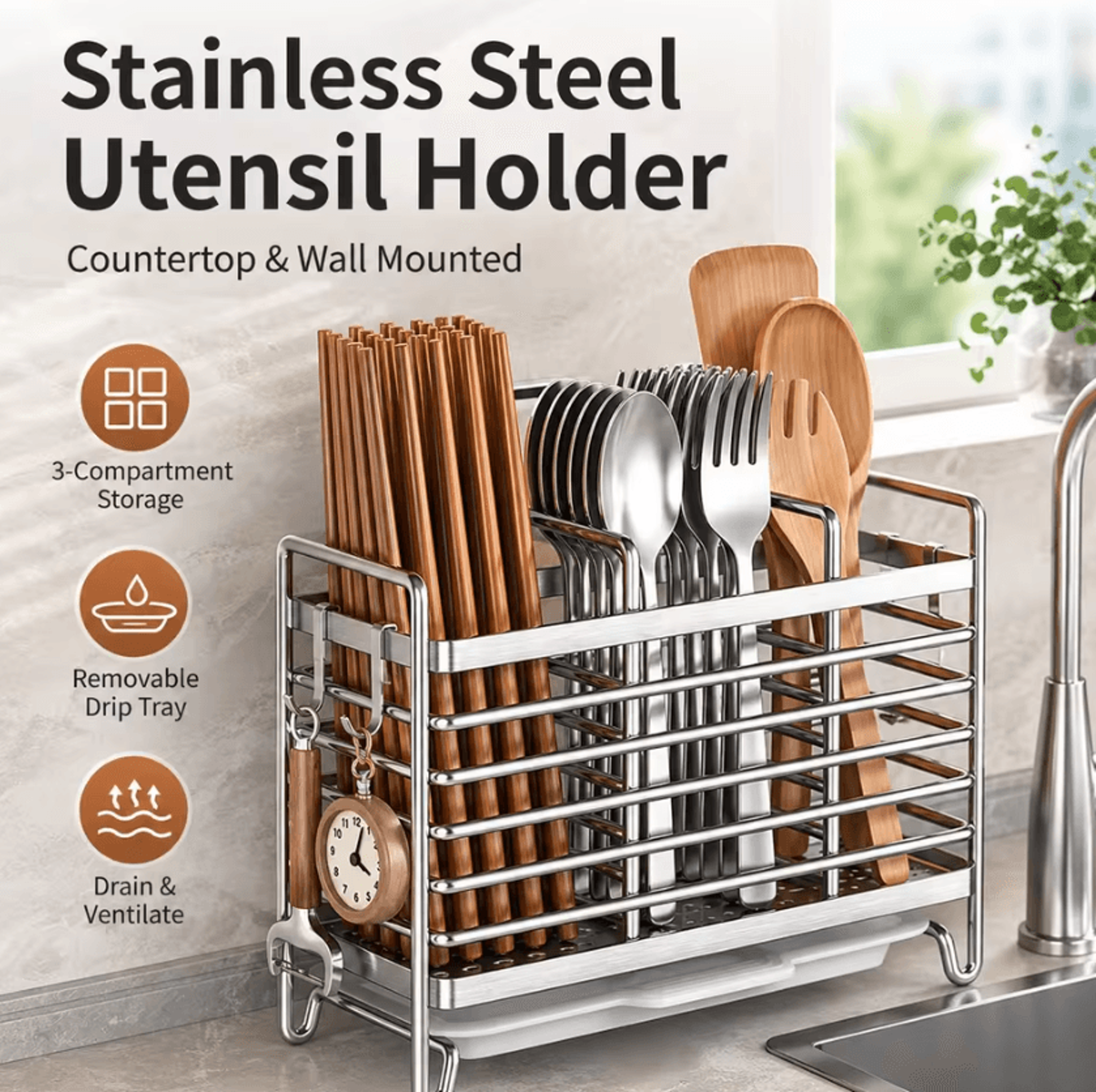 Stainless Steel Chopstick Holder With Drain Rack For Kitchen Utensil Organization 1