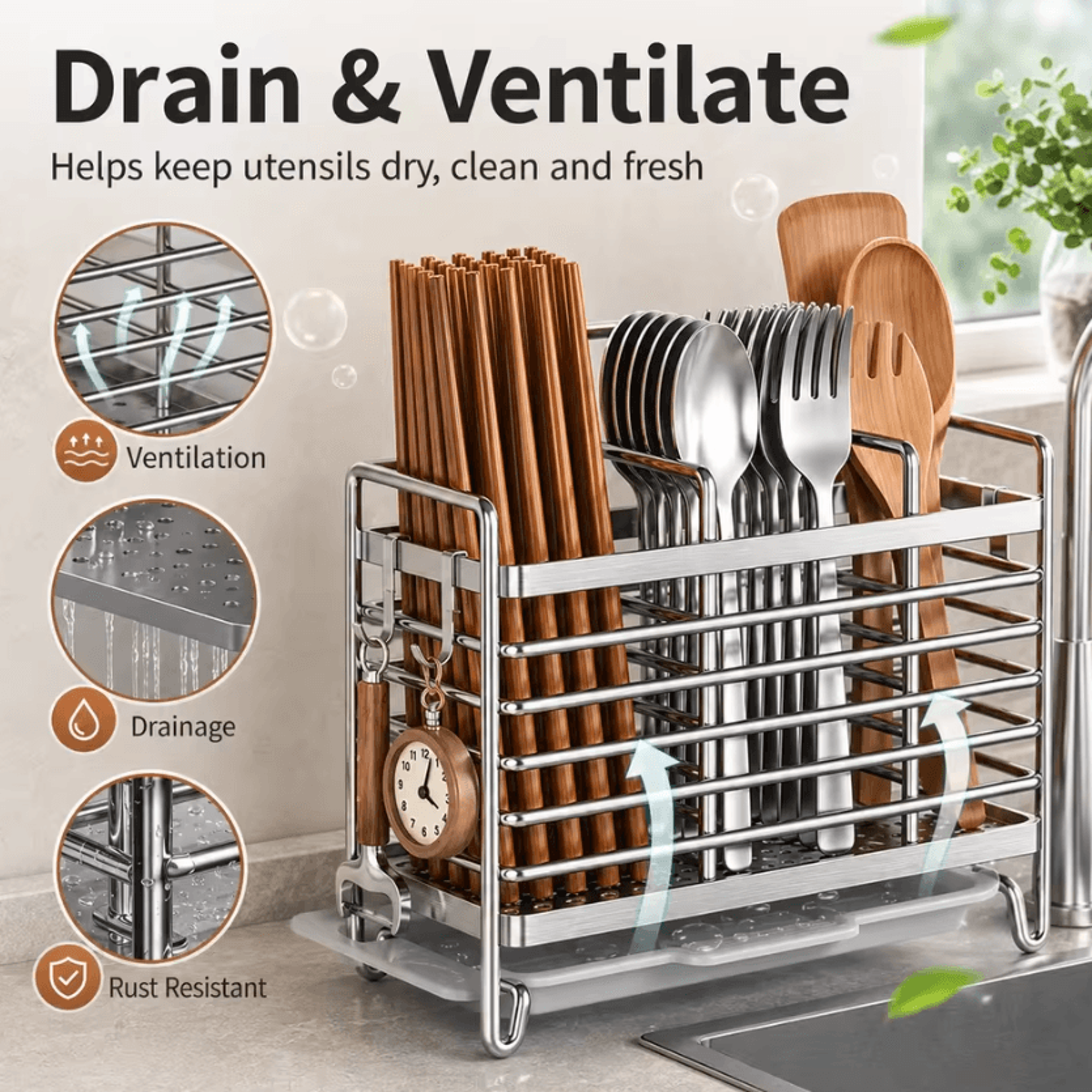 stainless steel chopstick holder with drain rack for kitchen utensil organization