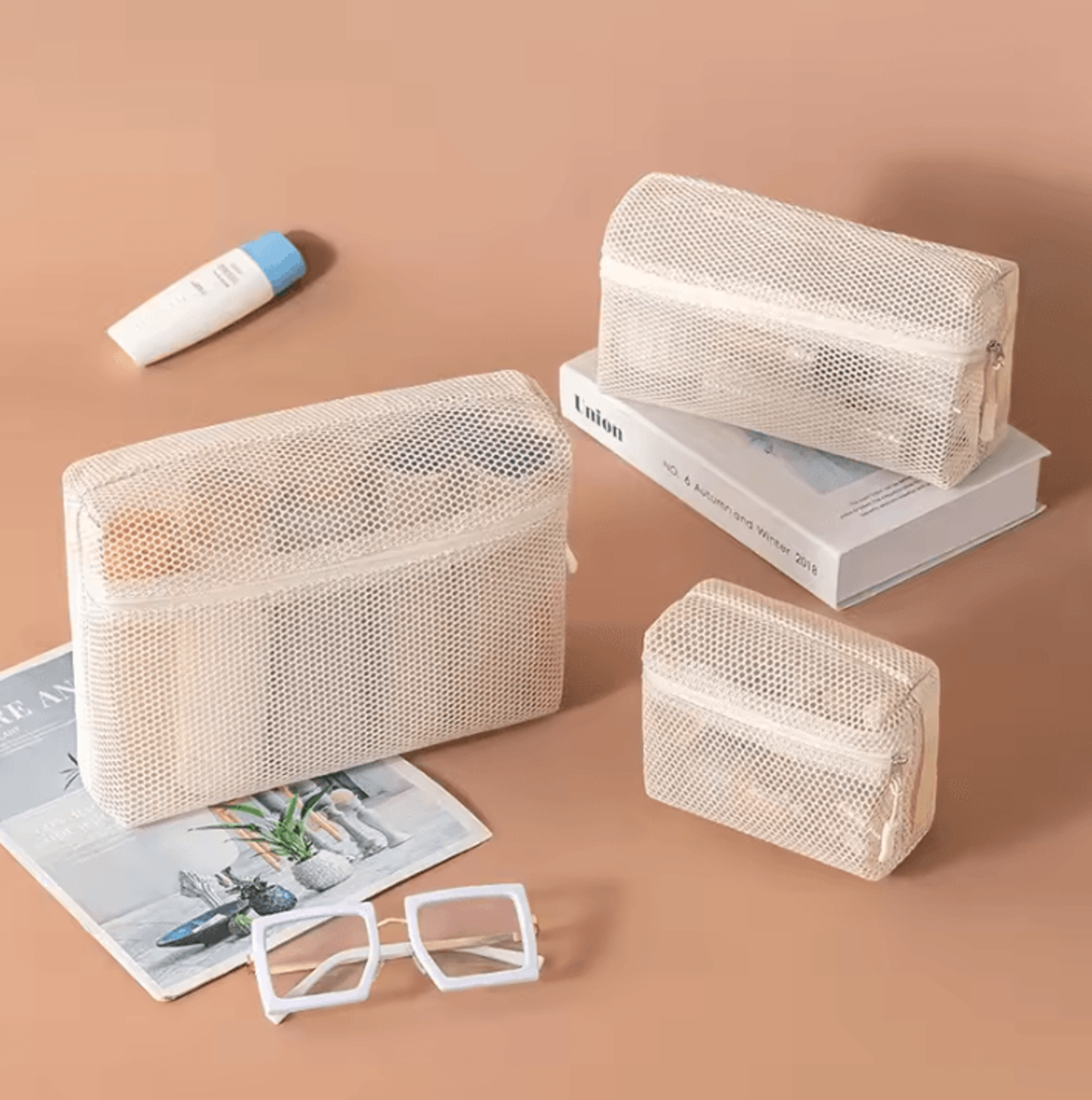 breathable mesh makeup organizer bag for travel and toiletry storage
