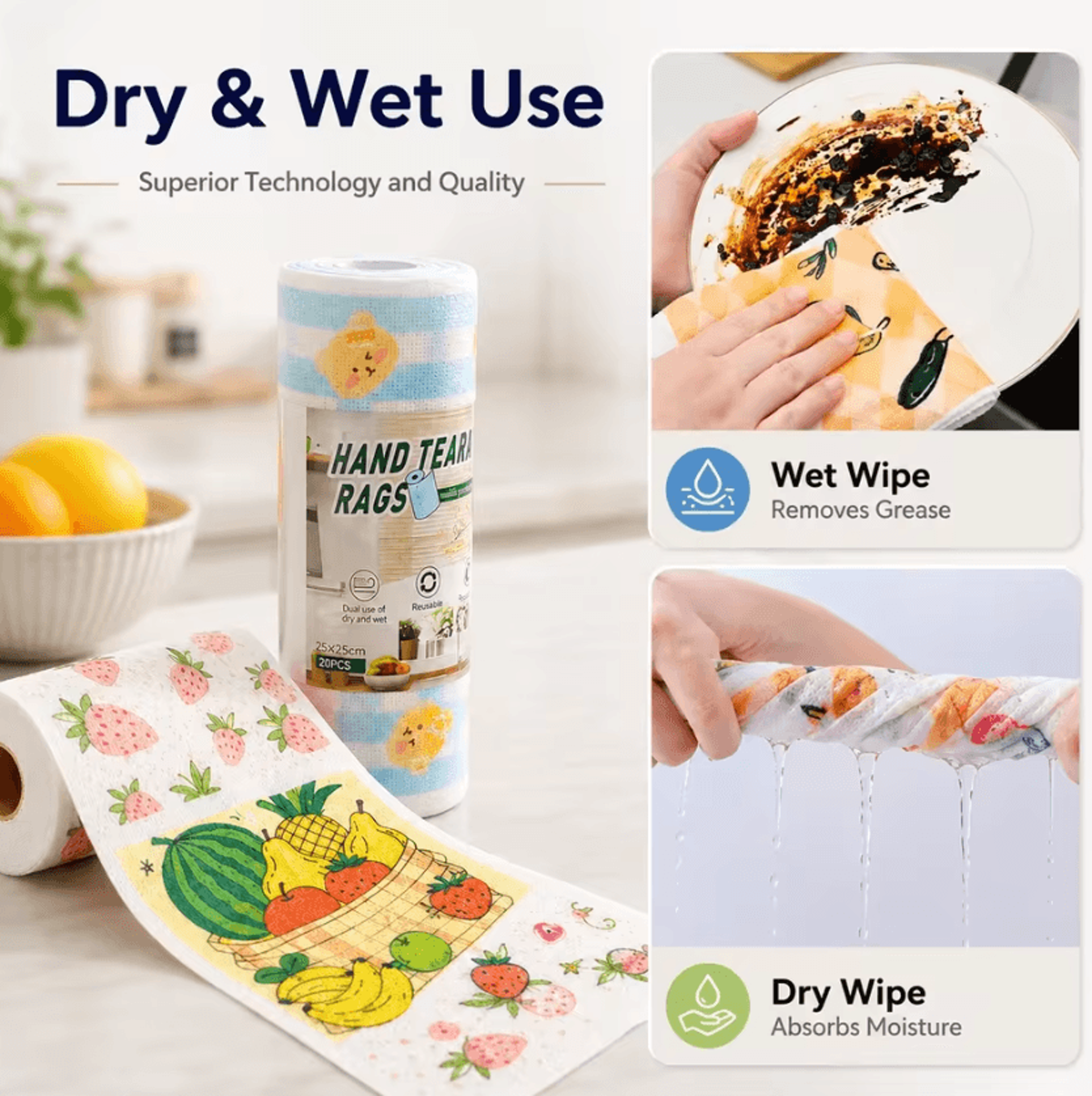cartoon disposable kitchen cleaning cloth roll with 20 absorbent sheets
