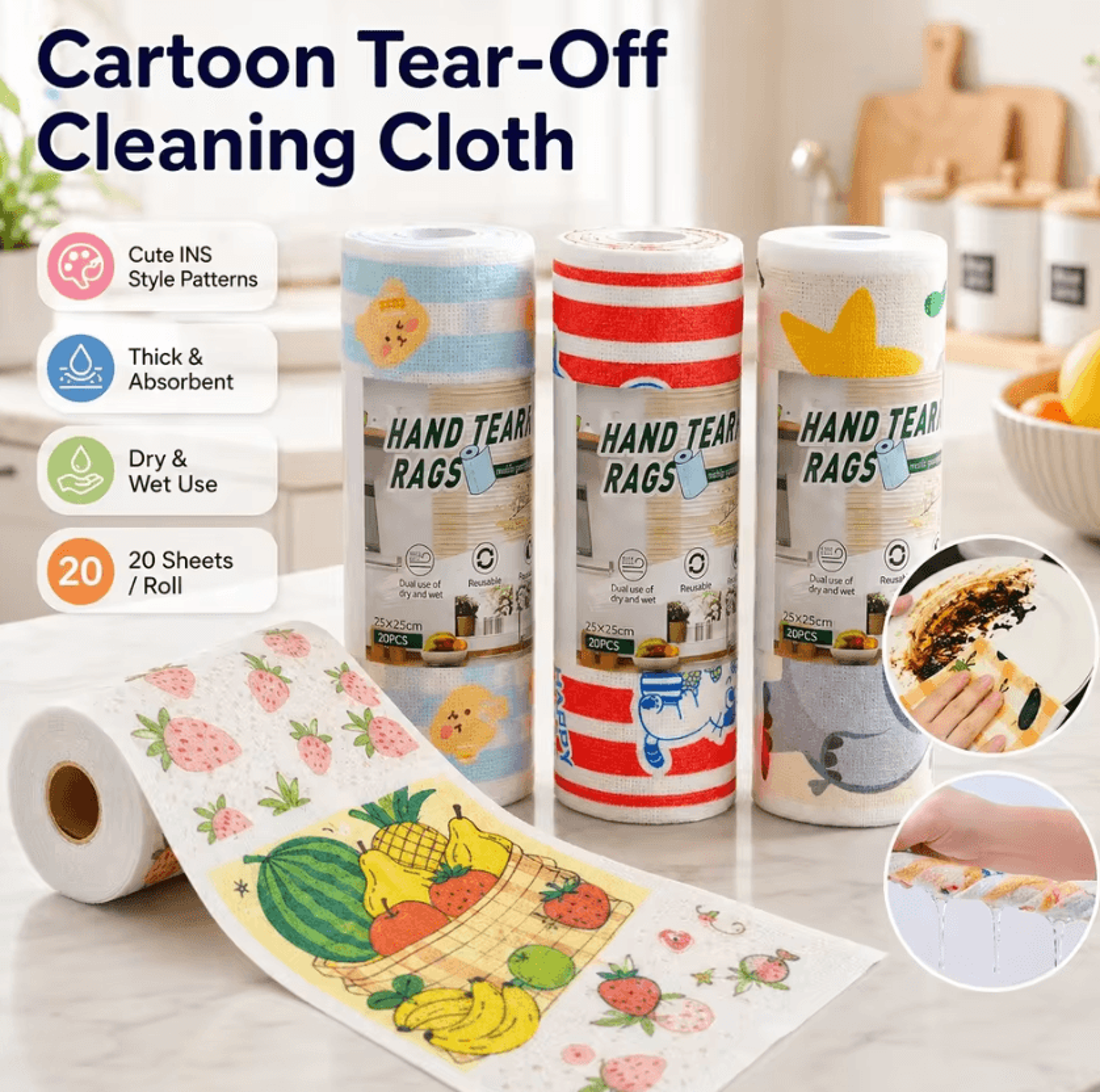 Cartoon Disposable Kitchen Cleaning Cloth Roll With 20 Absorbent Sheets 1