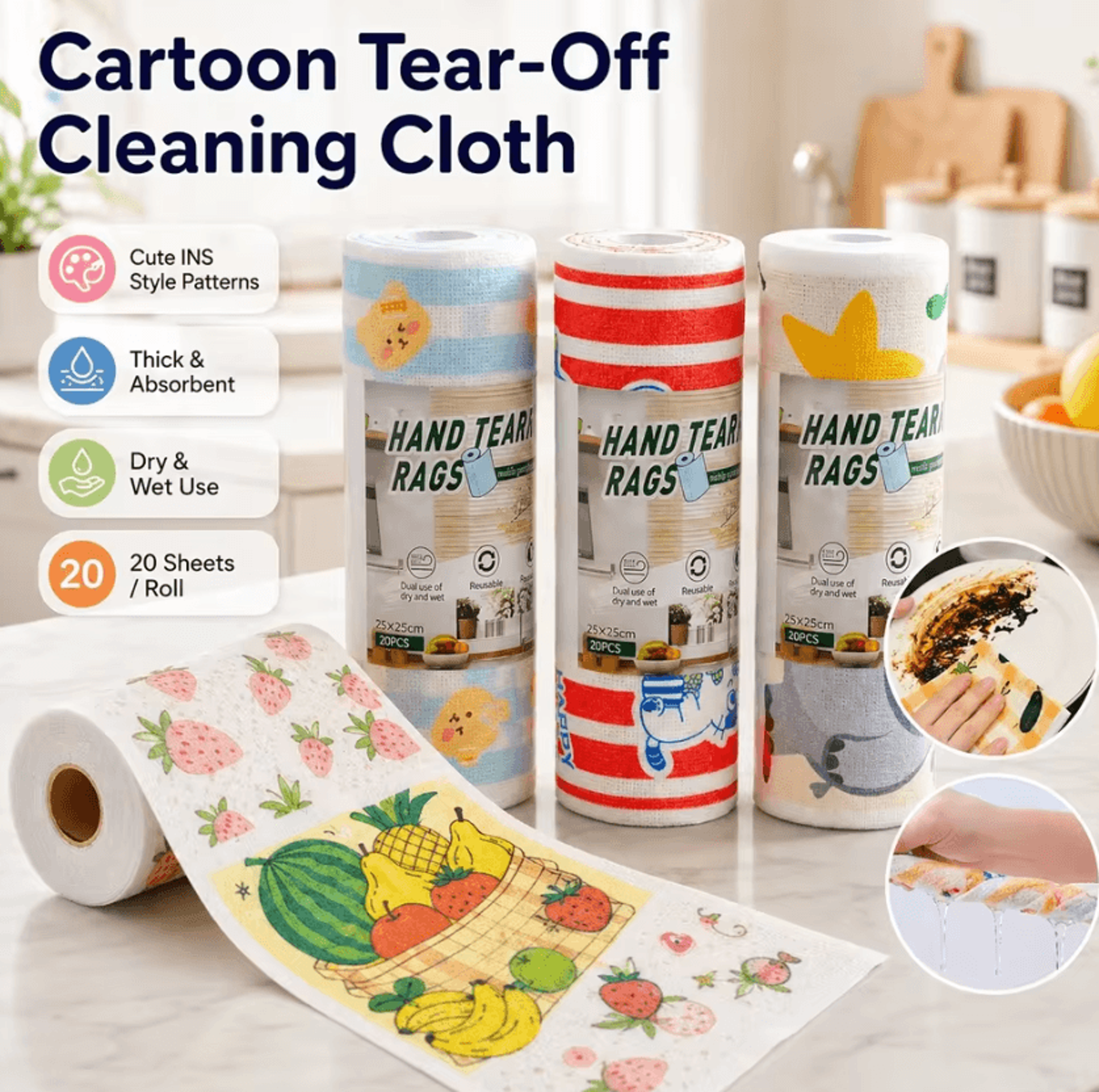 Cartoon Disposable Kitchen Cleaning Cloth Roll With 20 Absorbent Sheets 6