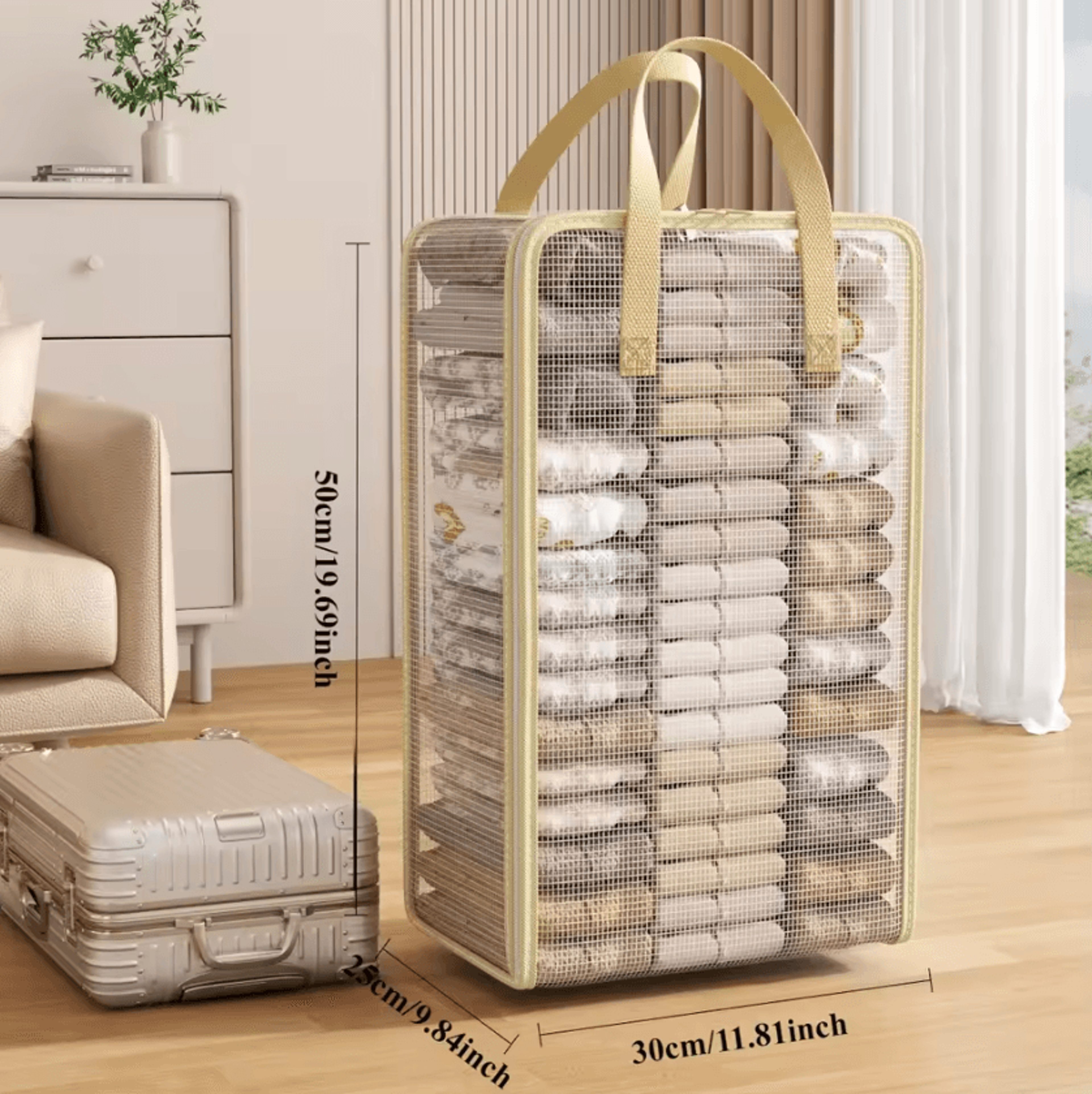 large capacity clear clothes storage bag with zipper and carry handles