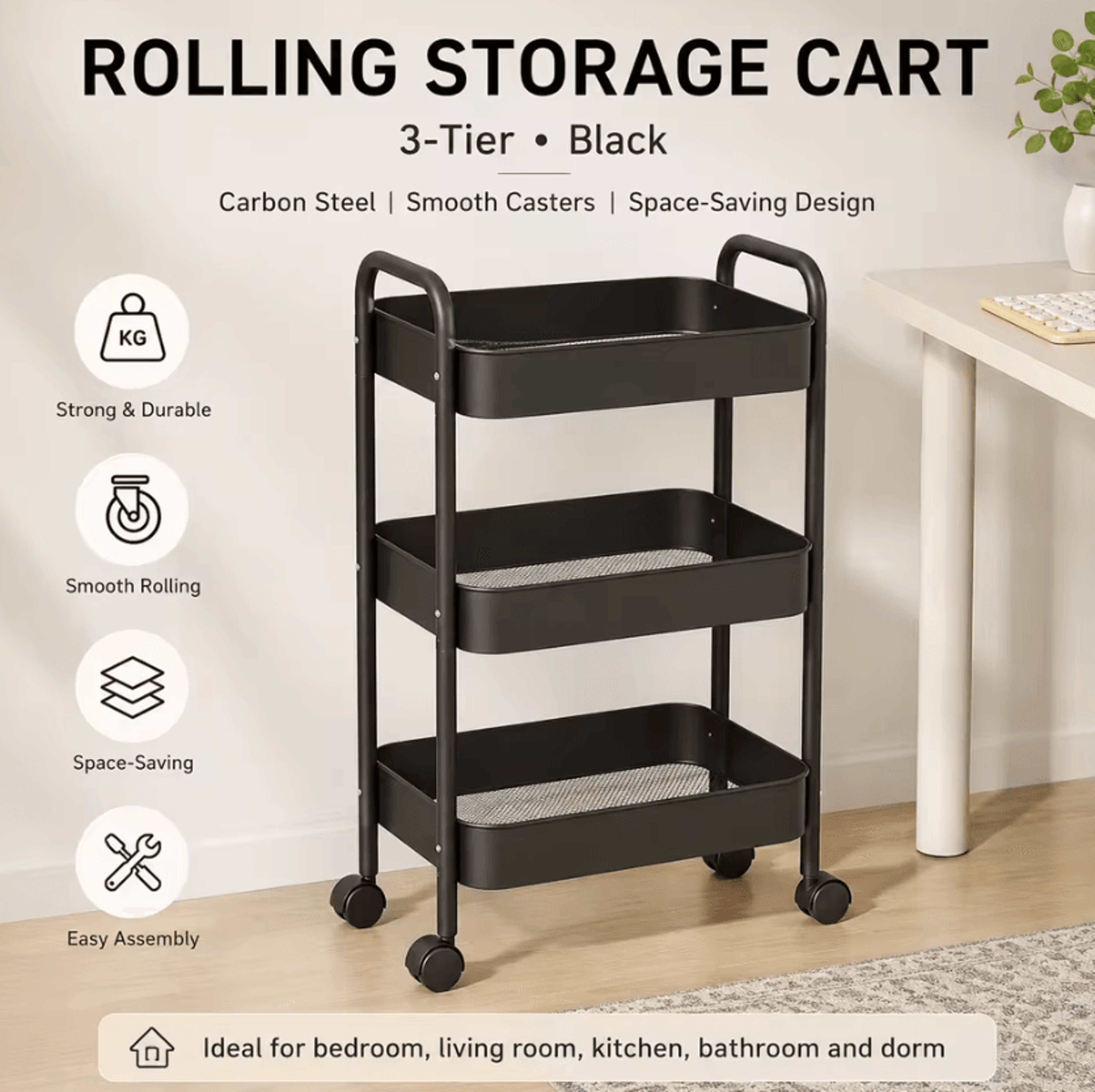 Multi Tier Carbon Steel Rolling Storage Cart With Wheels For Home Organization 1
