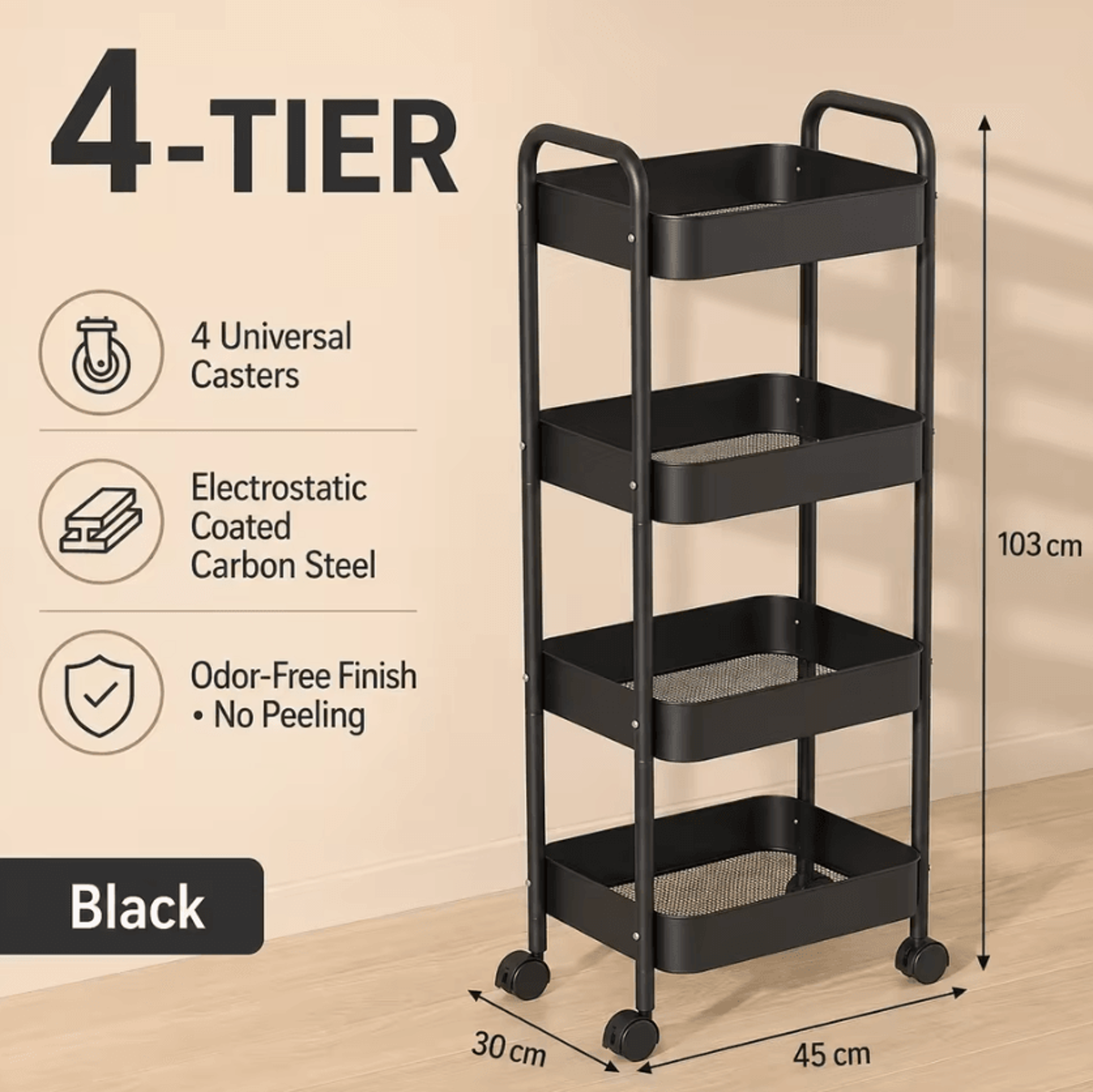 Multi Tier Carbon Steel Rolling Storage Cart With Wheels For Home Organization 4