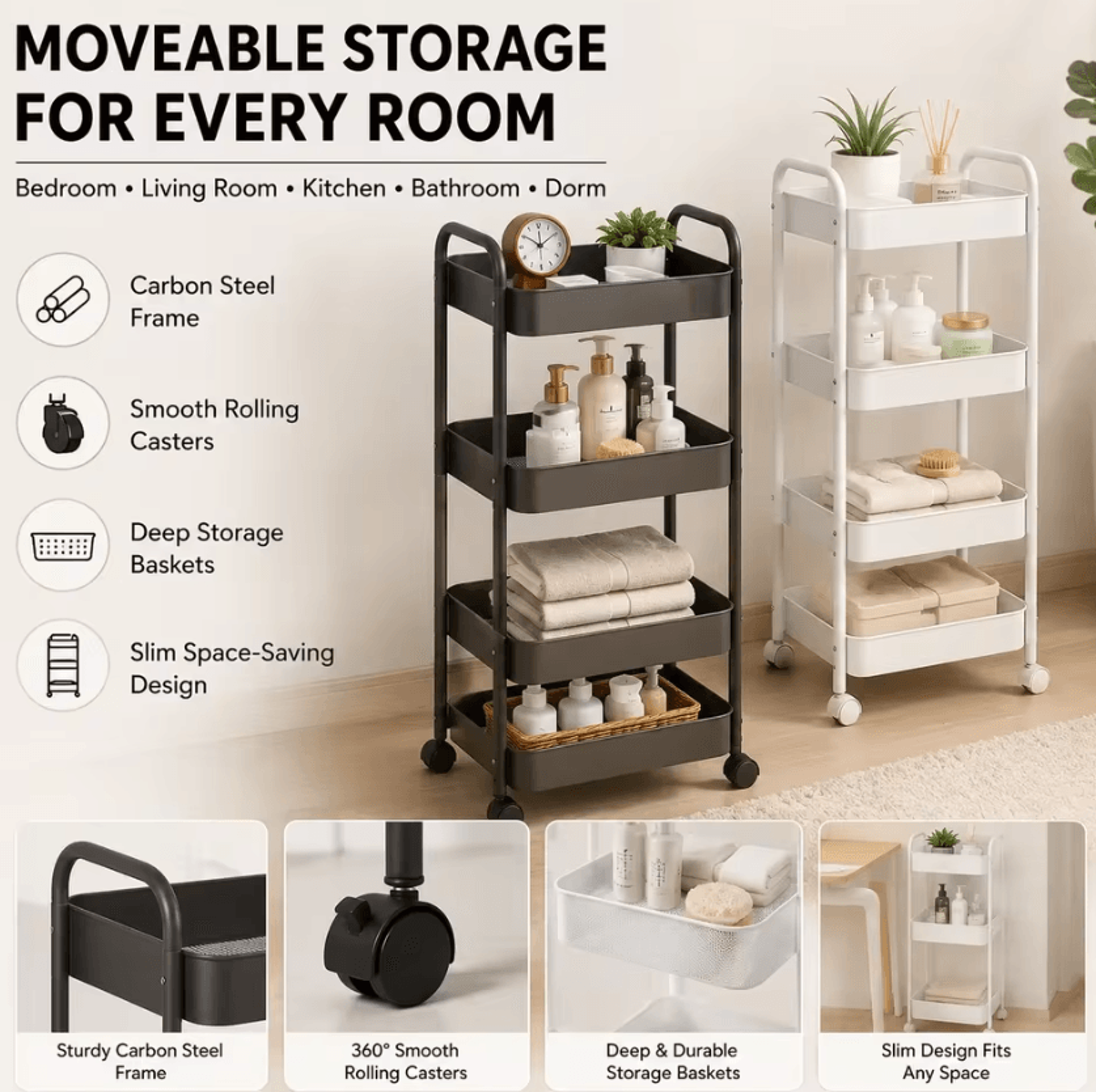 Multi Tier Carbon Steel Rolling Storage Cart With Wheels For Home Organization 5