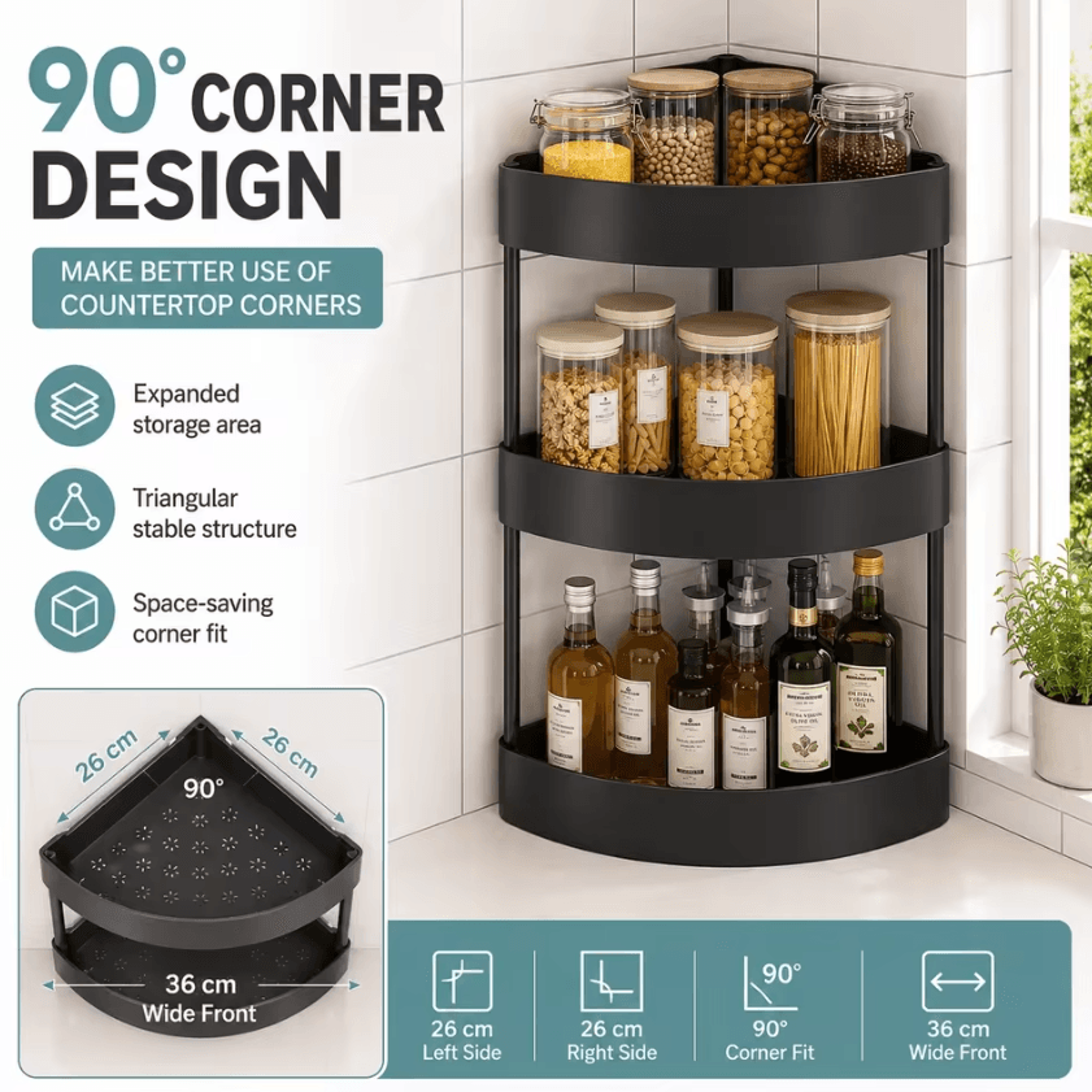 Space Saving Triangle Corner Spice Rack With 2 Or 3 Tier Storage Shelves 3