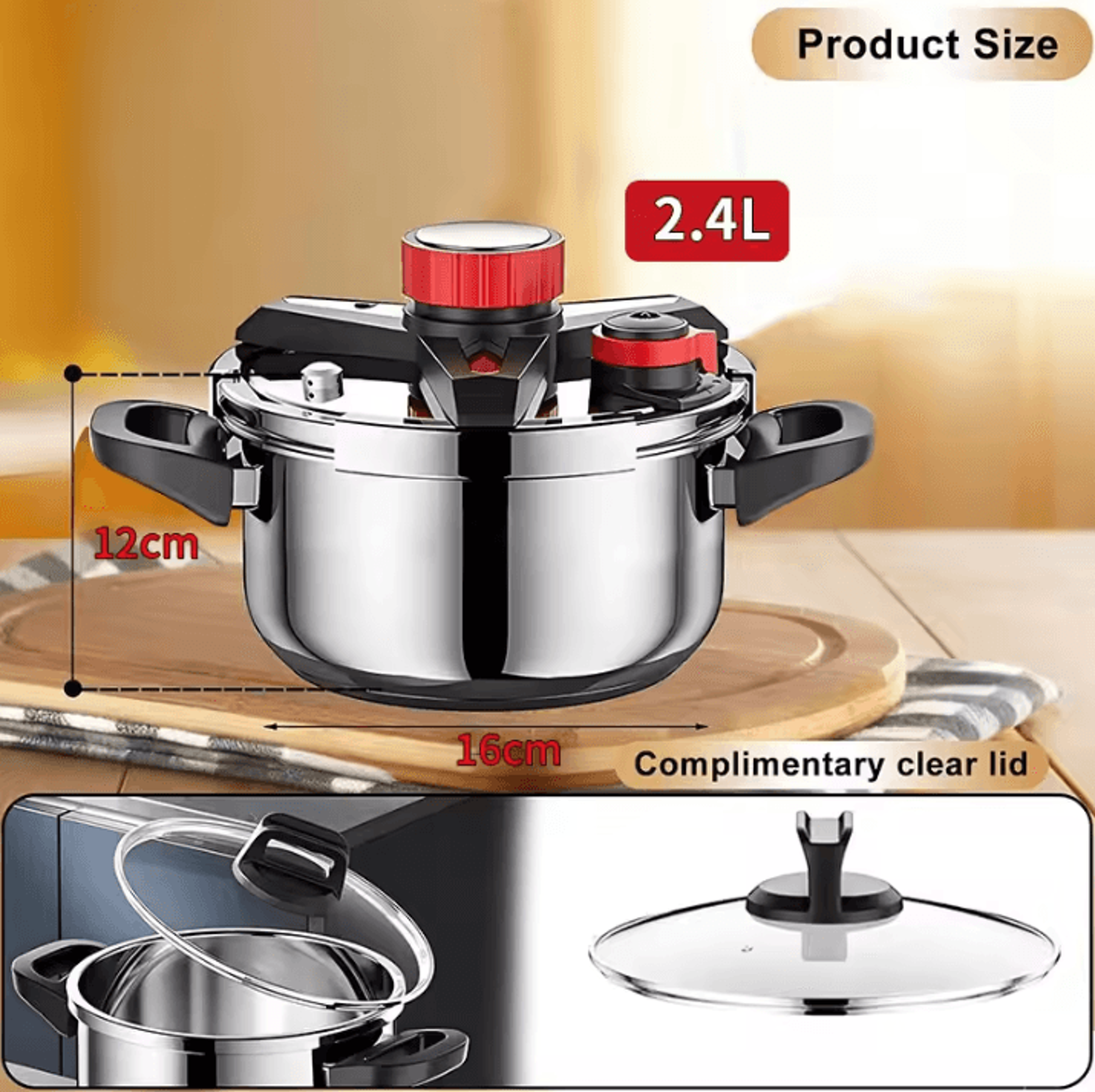 Stainless Steel Mini Pressure Cooker  18L24L With Glass Lid  OneHand Lock 2
